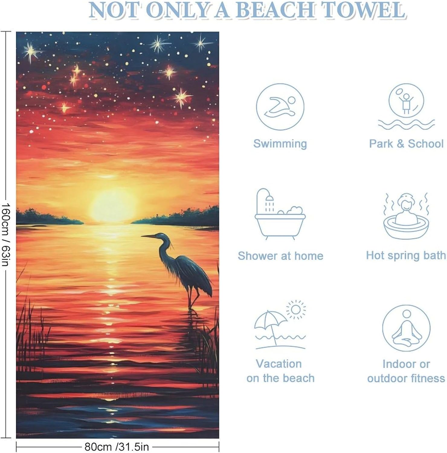 Sunset Heron Bird Beach Towels Oversized Jumbo Large Yoga Bath Towel for Pool Yoga Swim Body 160x80cm