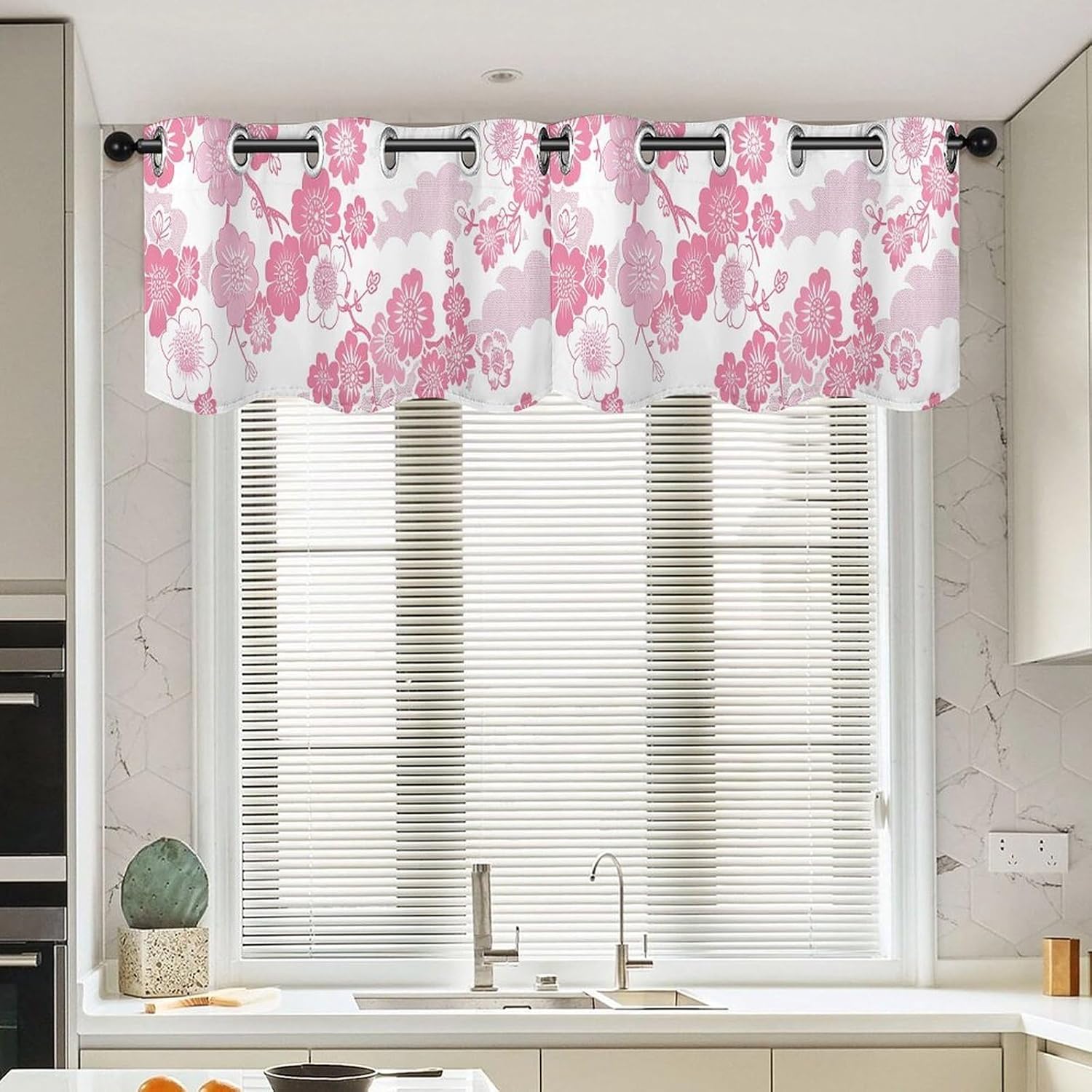 Japanese Flower Pattern Valance for Windows, 2 Pack Kitchen Curtains Modern Home Decor, Soft Blackout Window Curtains for Living Room & Bedroom, 18 X 52 Inch