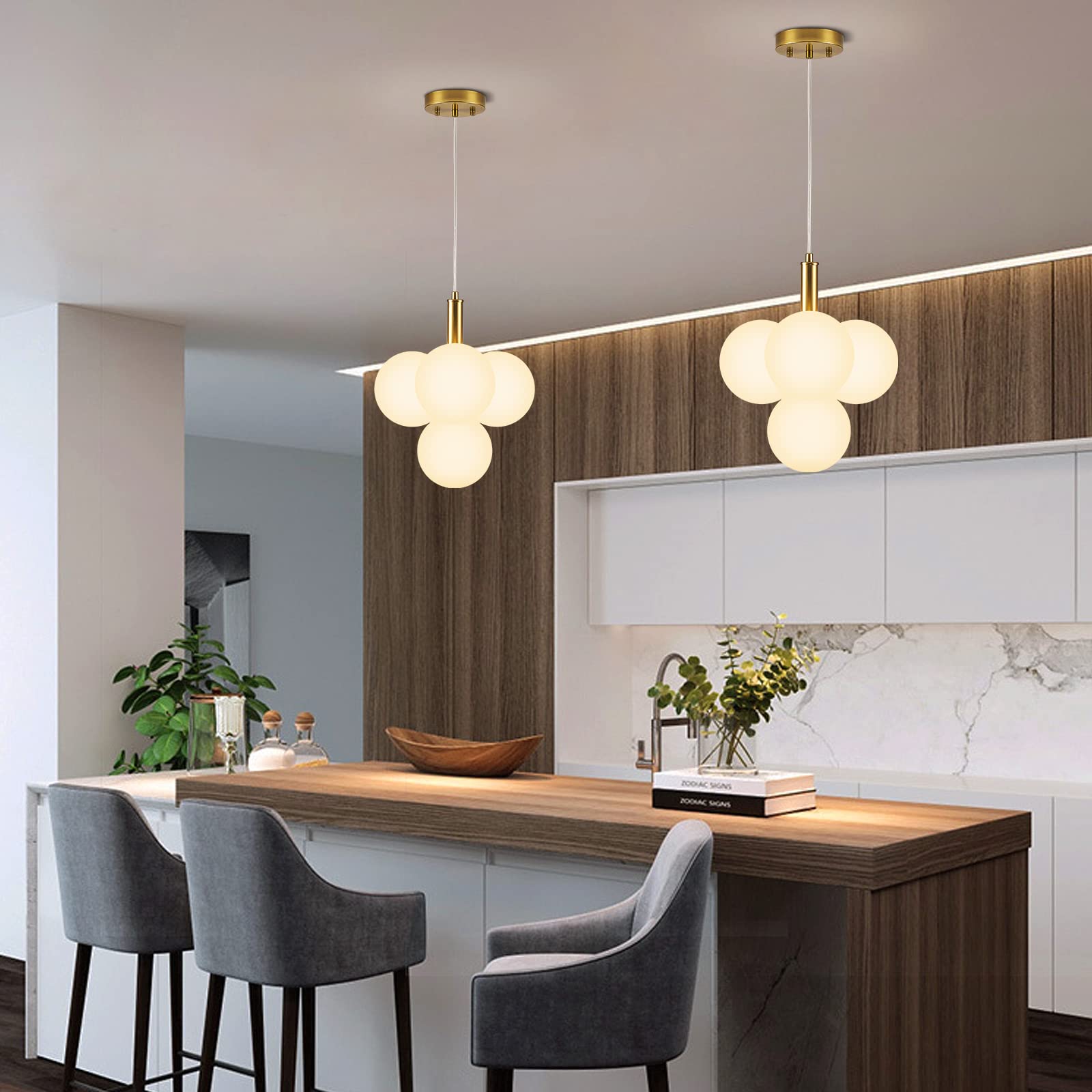 Goomavi Modern 4-Light Gold Pendant Lights,Small Globe Pendant Chandelier Light Fixture with Glass Lampshade,Hanging Pendant Lighting for Kitchen,Bedroom,Dining Room,Living Room