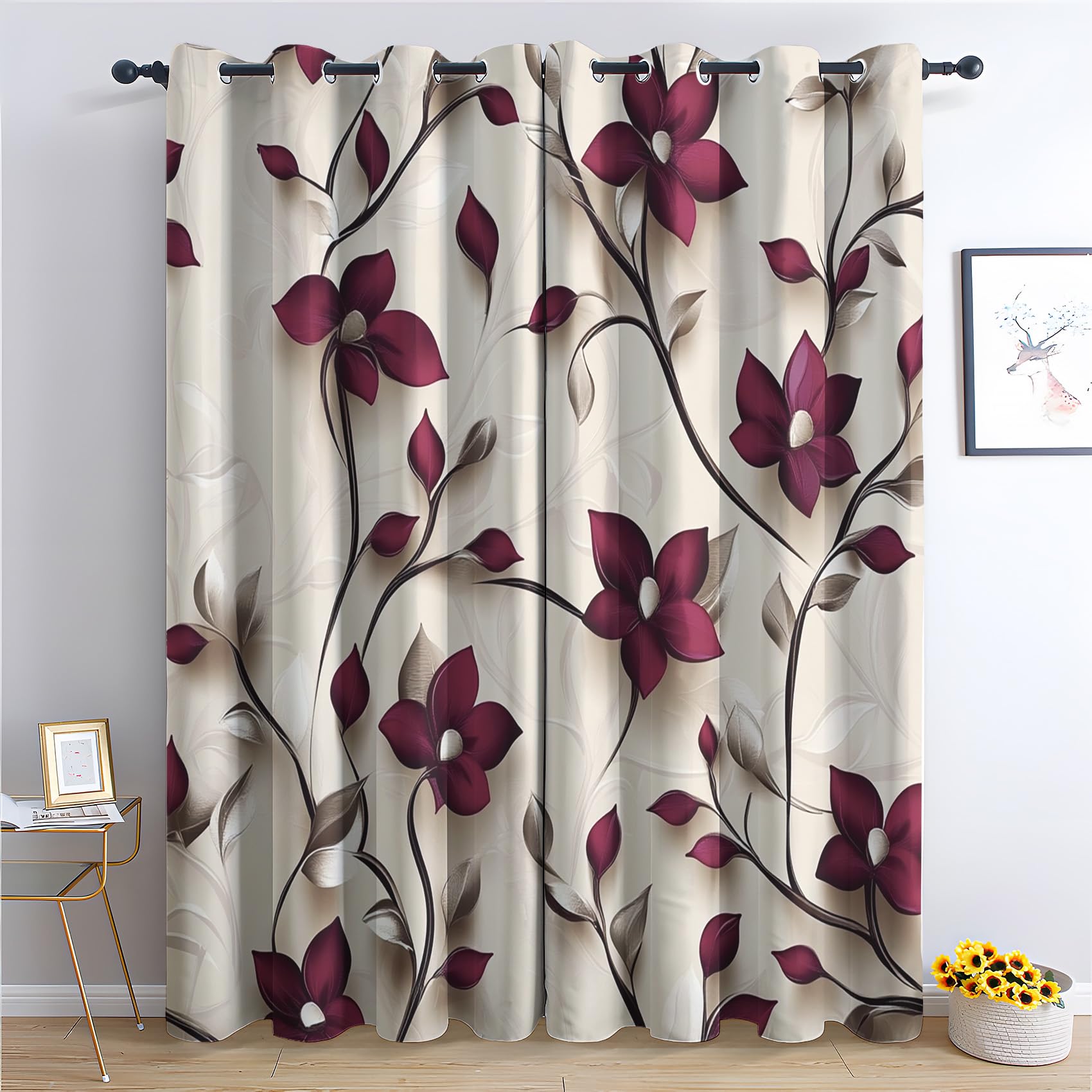 Zcwl Multicoloured Burgundy Floral Curtains For Bedroom Living Room - Vintage Botanical Blackout Curtains - Thermal Eyelet Curtains & Drapes - 90 Drop Patterned Window Treatments - 66X90 Inch (W X L) 2 Panels