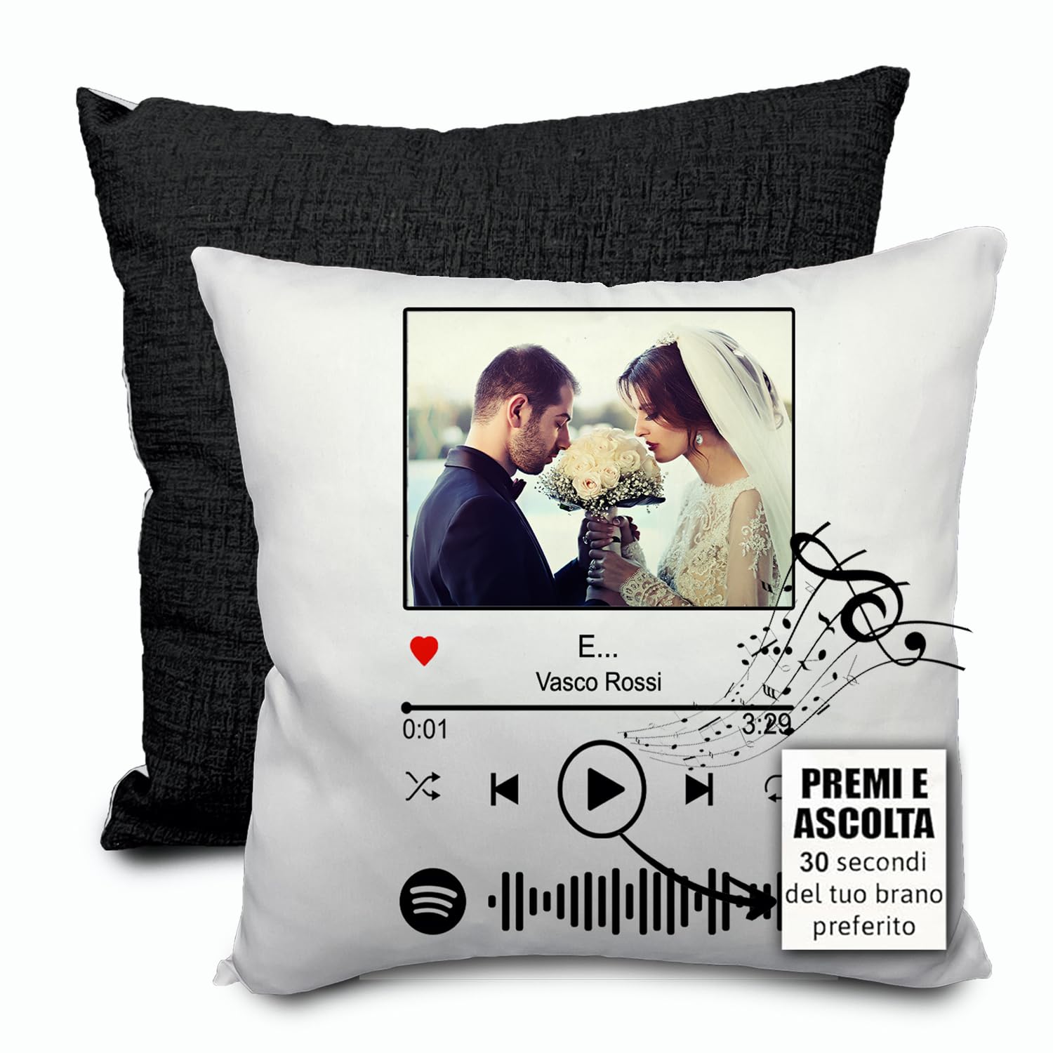 GIFART Cuscino Musicale Spotify Premi e ascolta la tua canzone, personalizzato con foto (Retro Nero, Foto Singola)