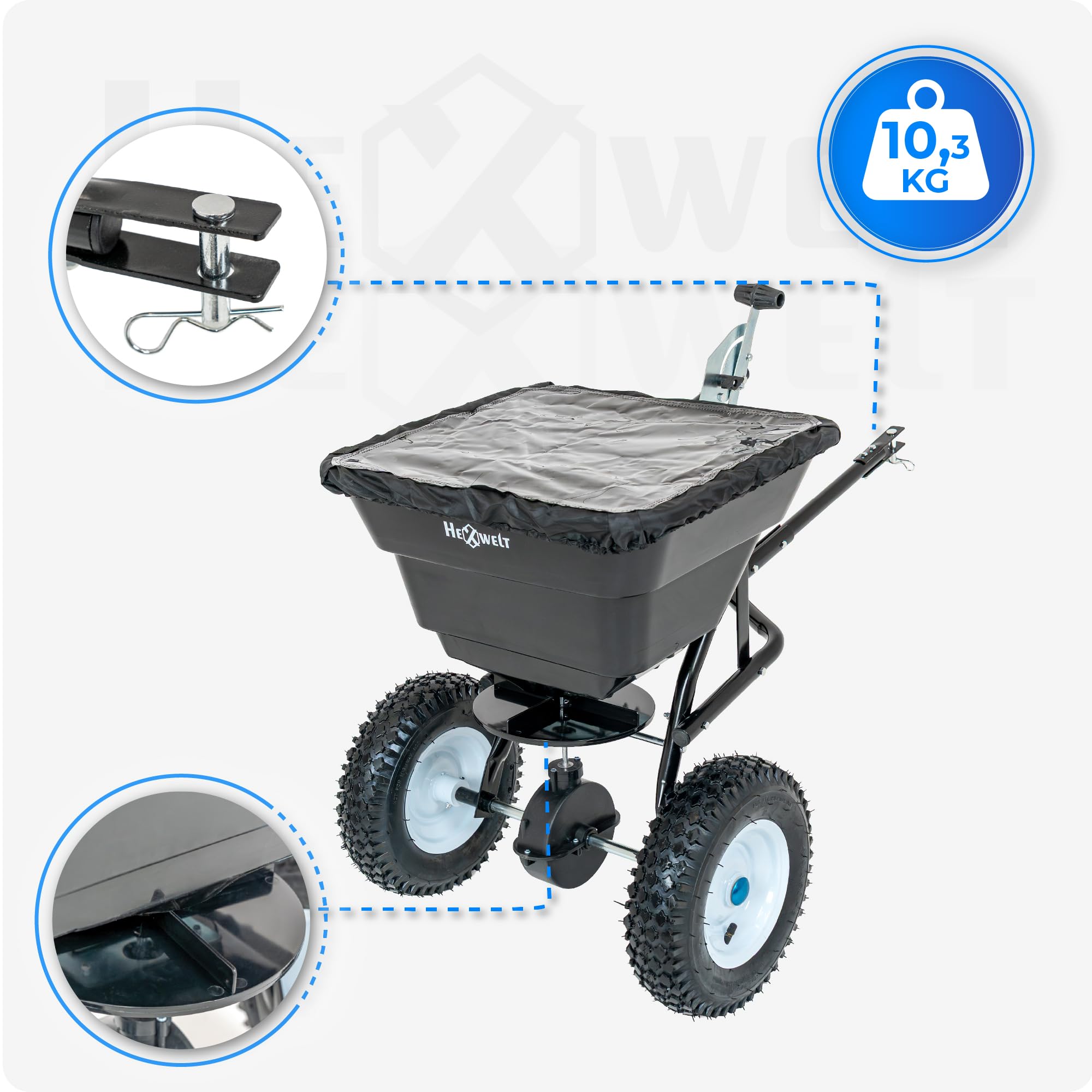Streuwagen 30L für Rasentraktor, Anhängestreuer 3,5 m, Düngerstreuer, Saatgutstreuer für Rasensamen, Salzstreuer und Sandstreuer mit Luftreifen, HW-SPREADER