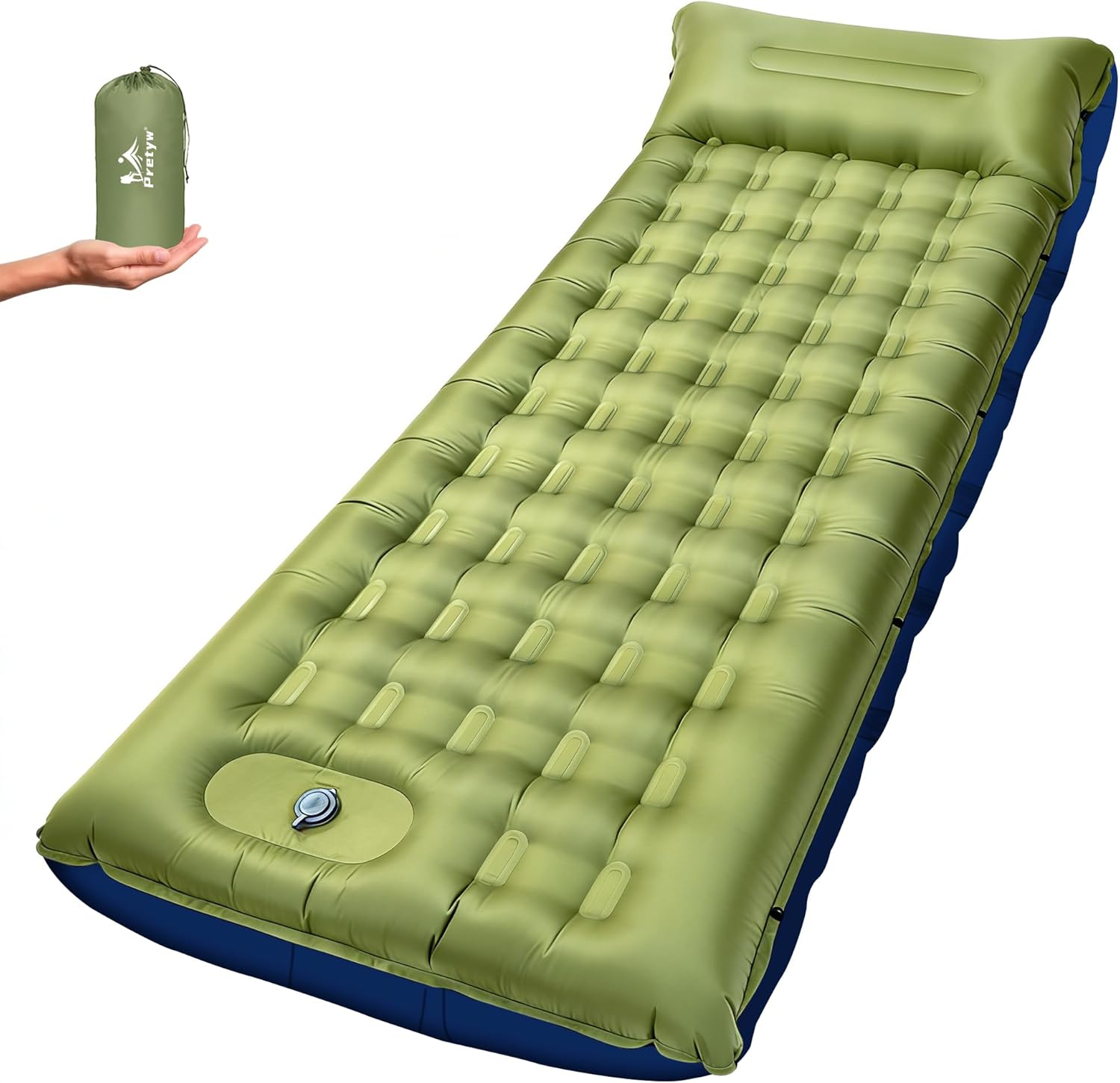 Sleeping Pad for Camping - 5.5" Ultra-Thick Camping Mattress with Pillow, Built-in Foot Pump, Compact Portable Camping Mat for Backpacking, Hiking, Car Traveling, Beach, Tent(Green)