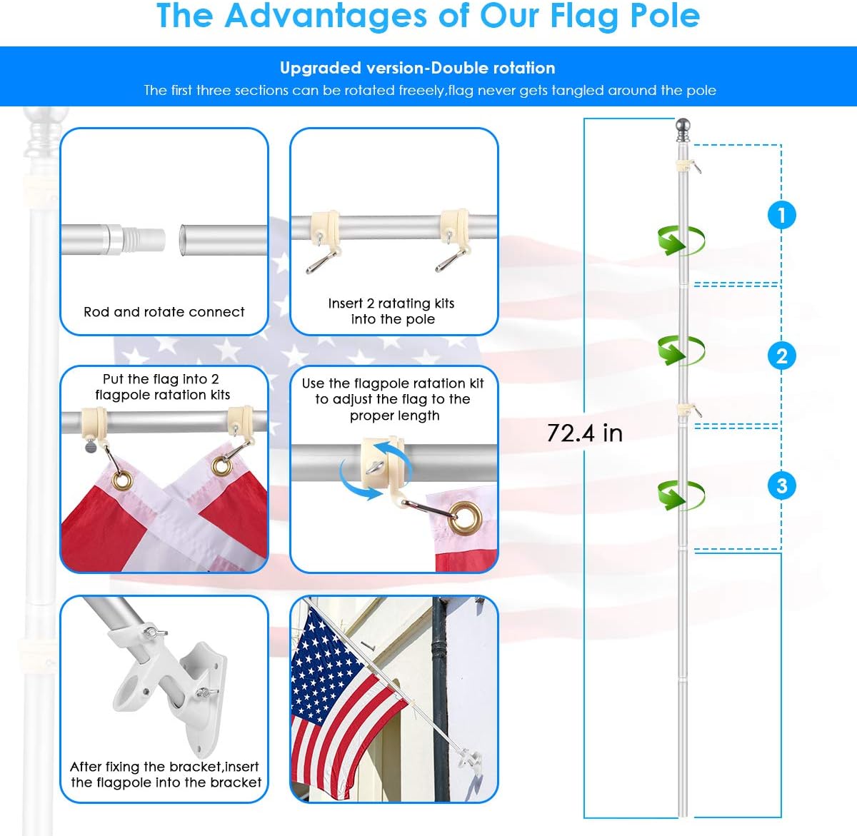 HALOFUN 2021 New Flag Pole Kit, Extra Thick Heavy Duty Aluminum Telescoping Flagpole, Outdoor Inground Large Flag Poles with 3x5 American Flag for Residential, Yard or Commercial, Silver : Patio, Lawn & Garden