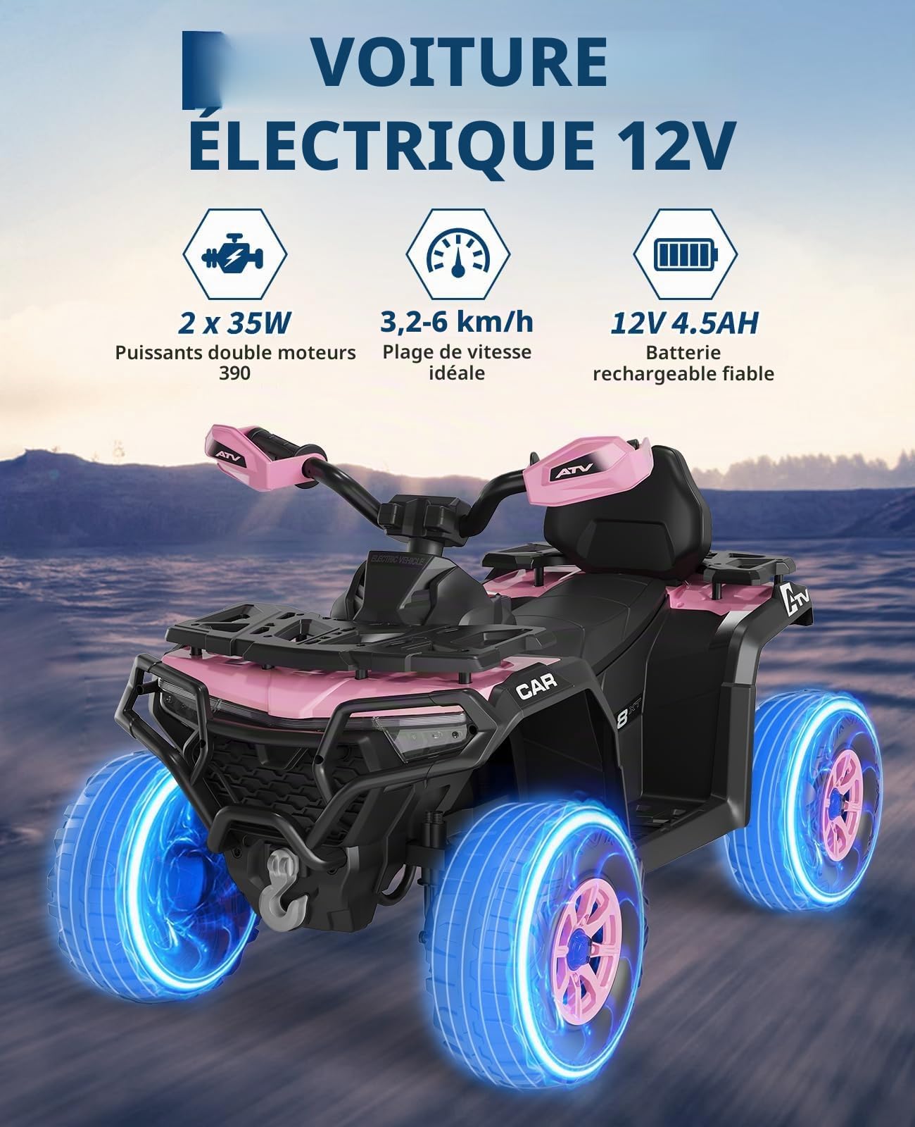 Quad Électrique Enfant 12V avec Musique et Phares, Voiture Électrique à Double Moteur avec USB et Bluetooth, Vitesse 3-5 km/h, Véhicule Tout-Terrain à Batterie pour Enfants 3+ Ans, Rose