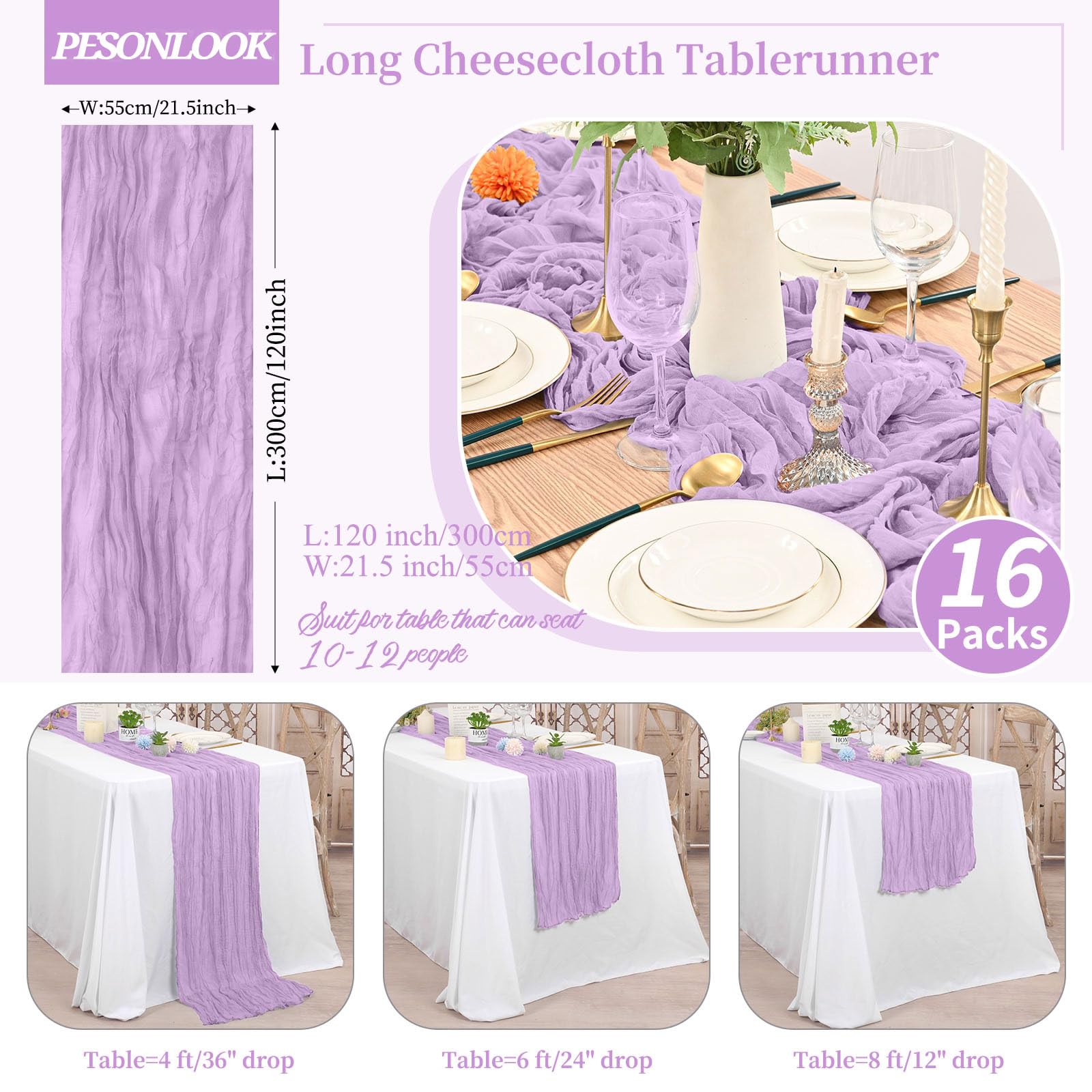 16 Pack Cheesecloth Table Runner Light Purple,10 ft Gauze Table Runner Long Semi-Sheer Rustic Boho Table Runners for Wedding,Bridal Shower,Party,Banquet Decoration(21.5 x 120 Inch) - Image 2