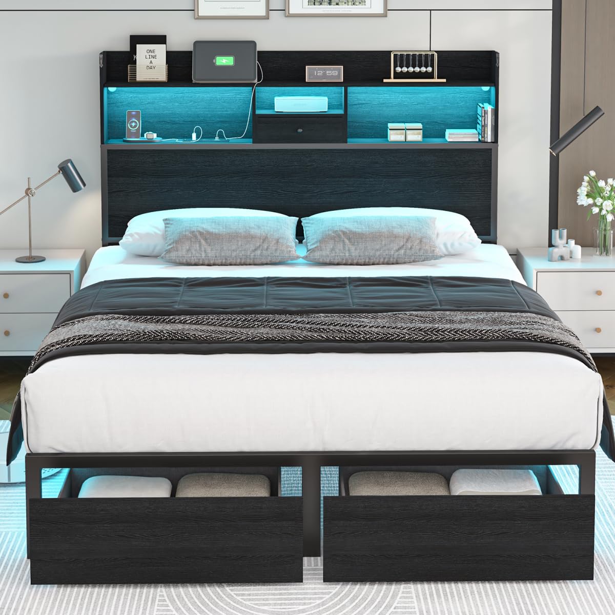 Siihnon Full Size Bed Frame with Tall Headboard and LED Lights, 51.2" Bookcase Black Bed Frame Full with Storage Drawers and Charging Station,