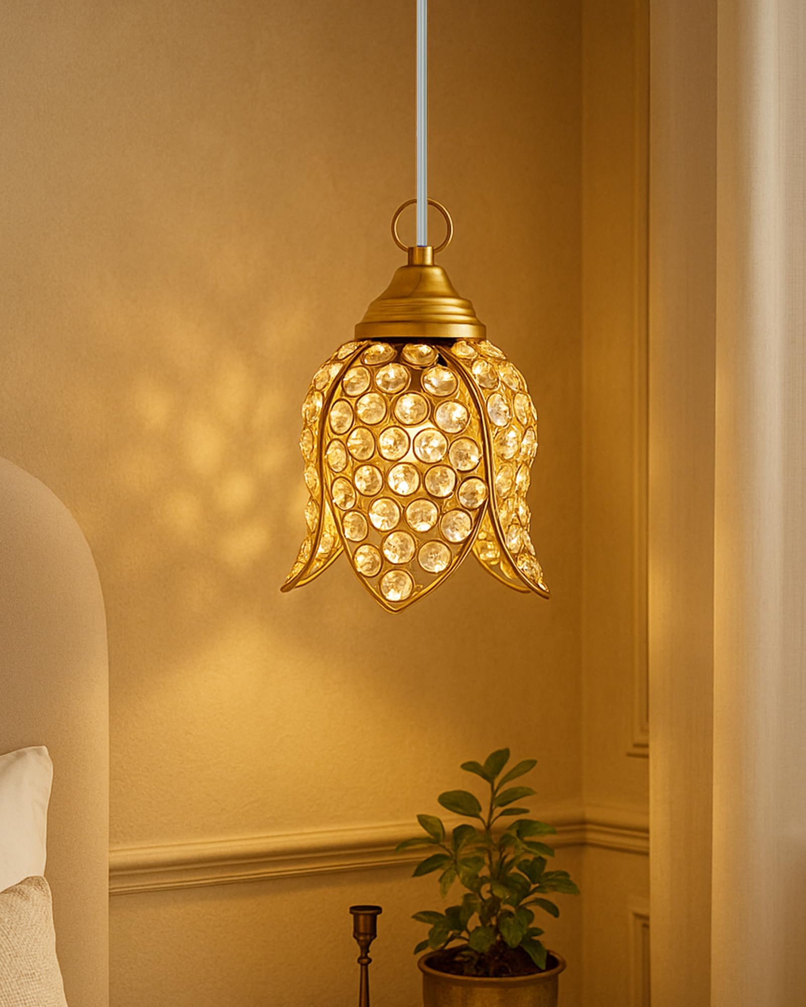 Homesake Crystal Pendant Light | Modern LED Ceiling Fixture | Chandelier Style | Warm White | Stylish Interior Lighting | Living Room, Bedroom, Dining Room Light | Contemporary Home Decor (Golden)-image-38