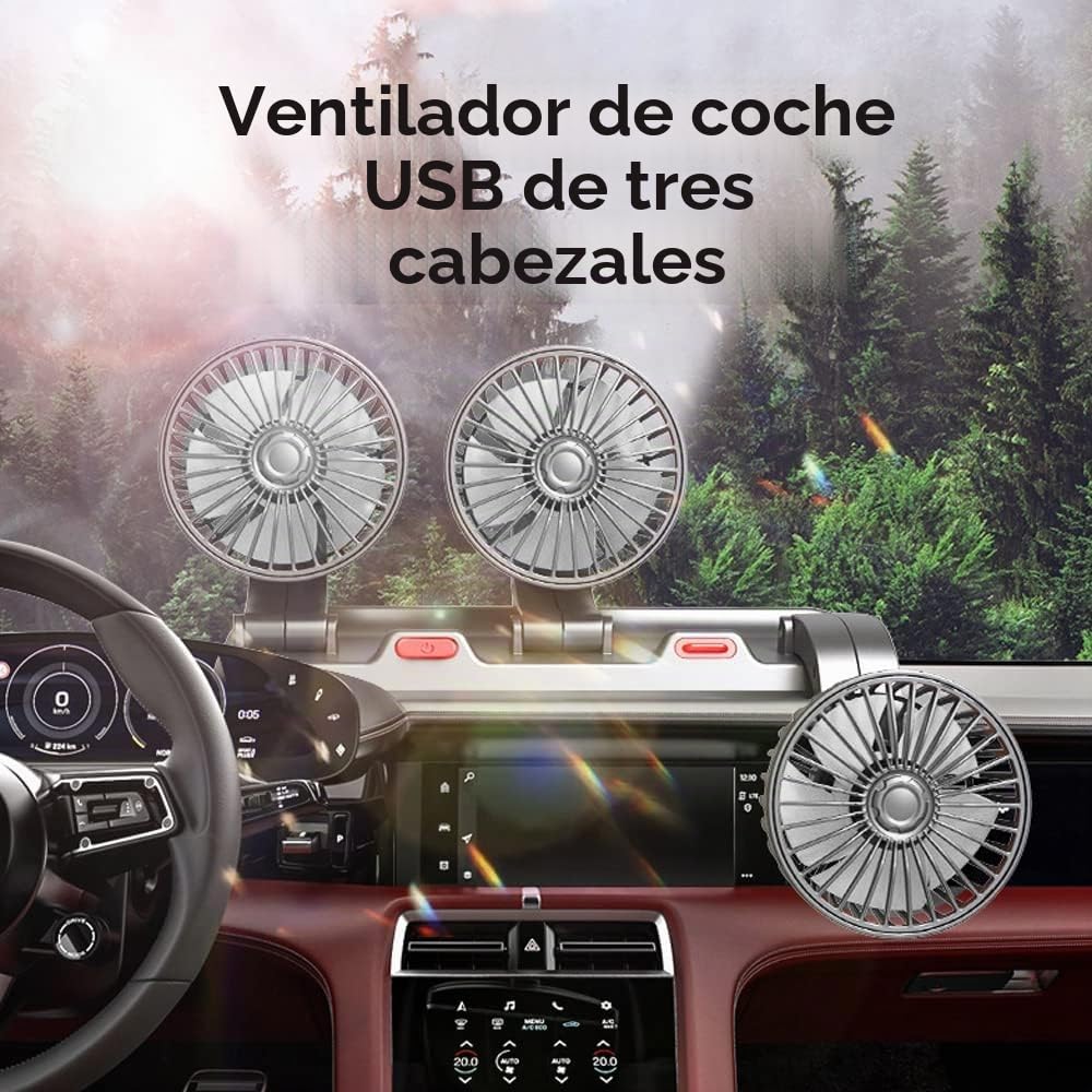 Riloer Ventilador de aire de refrigeración portátil para coche, 360 ° giratorio Circulador de Aire Eléctrico de Tres Cabezales, Ventilador USB con 2 Velocidades Ajustables para Vehículos SUVy Oficina