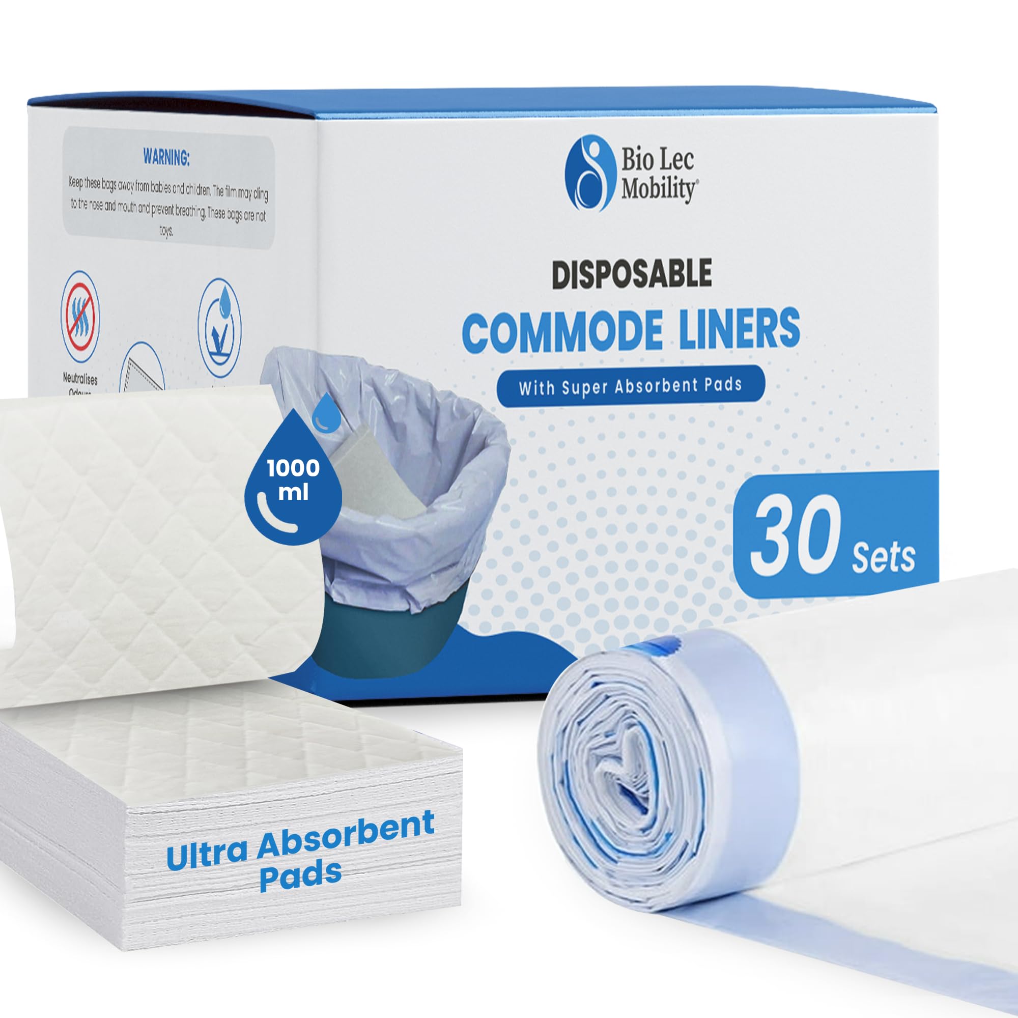 60 Sets - Premium Commode/Bed Pan Liners | Included with Supreme Absorbent Pads | Commode Toilet Chair Bucket Bags | Bio-Lec Mobility (60PCs Liners+60PCs Absorbent Pads)
