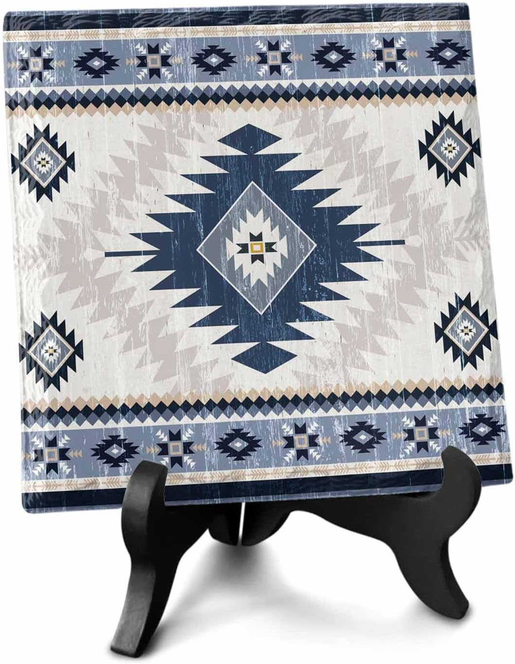 Blue Beige Boho Desk Ceramic Ornament Decoration, Vintage Ethnic Tribal Southwestern Picture Photo Frame Art Diy Family Halloween Ornaments Artwork for Crafts Newlyweds Living Room Bedroom Office Home