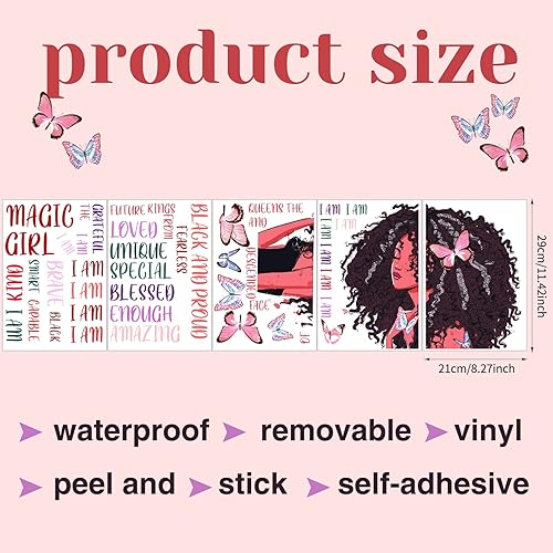 Miniatura 2 de Calcomanía de pared de niña negra, con cita inspiradora, diseño de mariposa, frase motivacional, decoración de pared americana, para dormitorio de