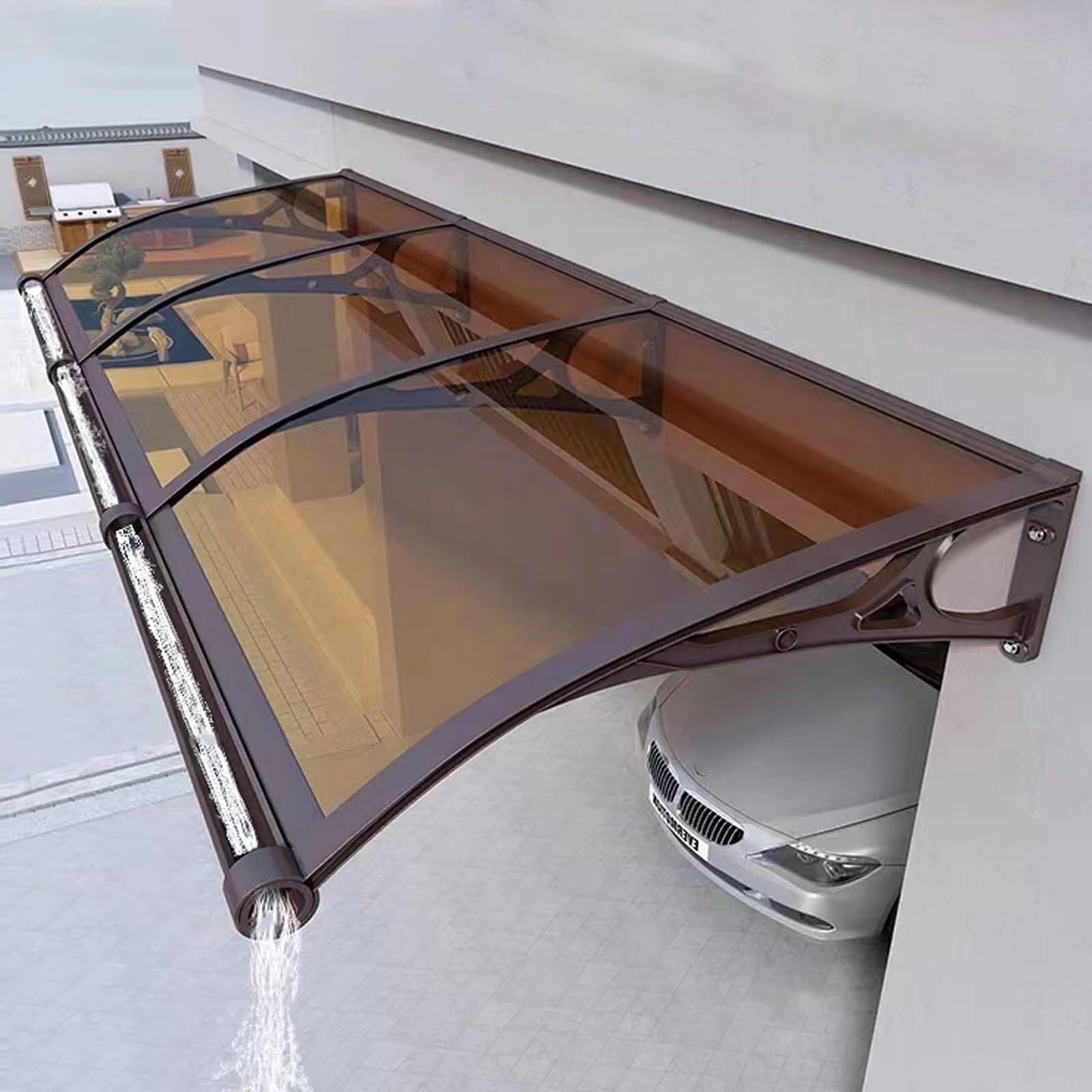 Auvent de porte d'entrée en polycarbonate marron avec store extérieur à forte capacité de charge