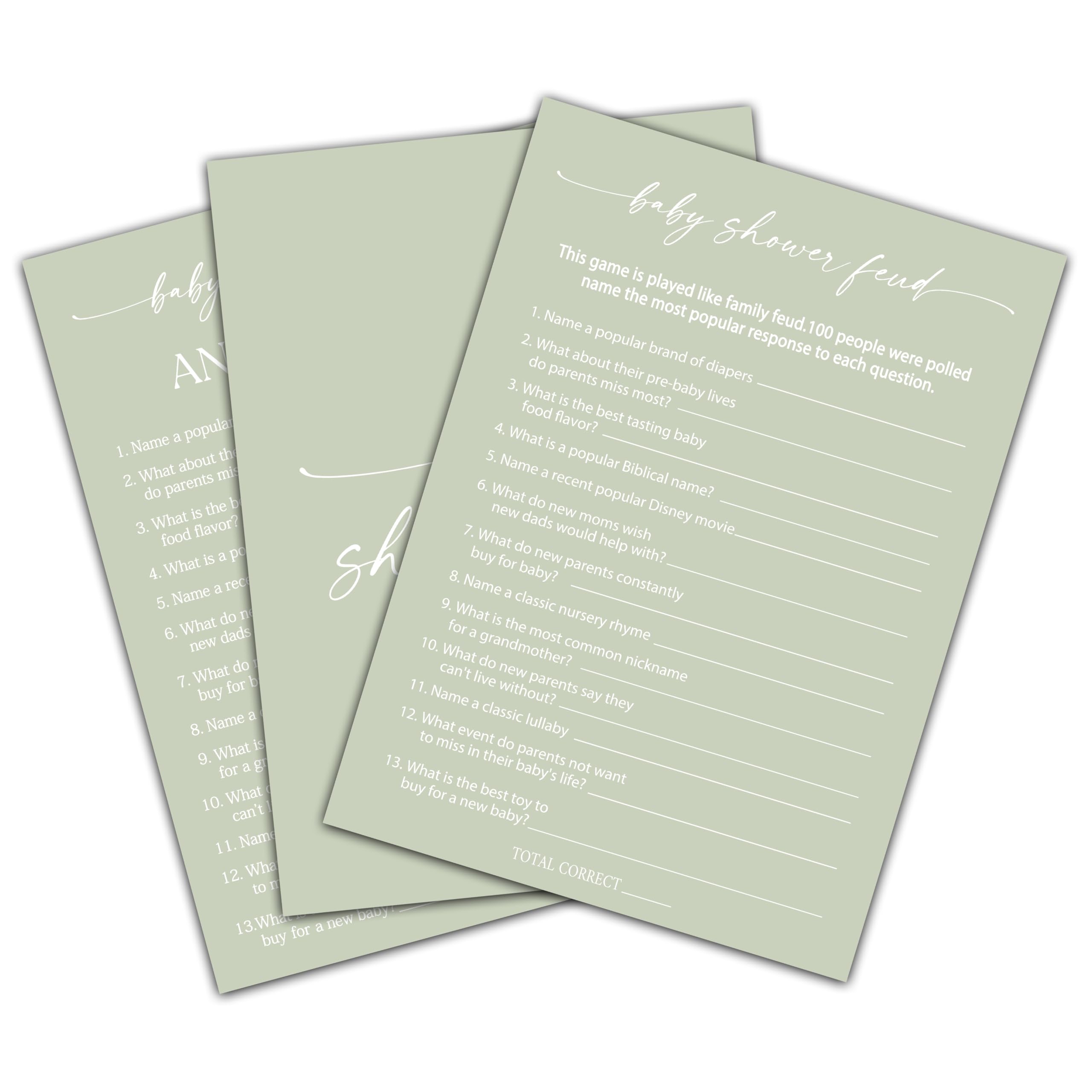 Green Baby Shower Game, Baby Shower Feud Game Cards, Gender Reveal Party Game, Baby Shower Party Activities & Decorations -1 Answer Card & 25 Game