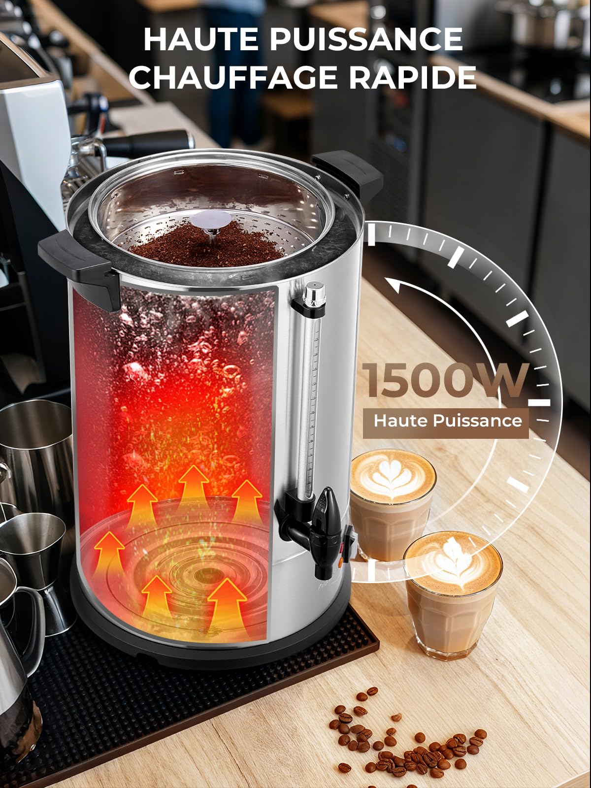 FOHERE Percolateur à Café 15L 150 Tasses/H Distributeur de Boissons Chaudes, Récipient Chauffant 1500 W en Acier Inoxydable, Fonction de Brassage Et de Maintien au Chaud mit Robinet de Sécurité