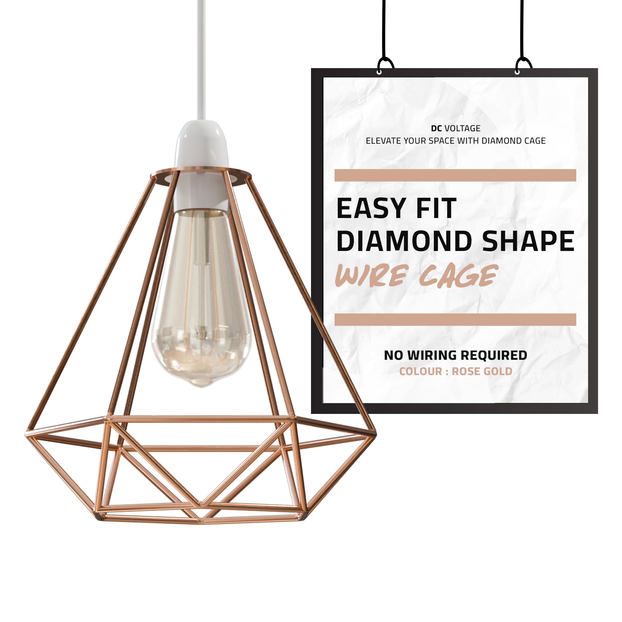DC VOLTAGE Modern Easy Fit Metal Geometric Ceiling Pendant Light Shades Bulb Guards Wire Cage Lampshades for Kitchen, Living Room, Bedroom (Rose Gold)