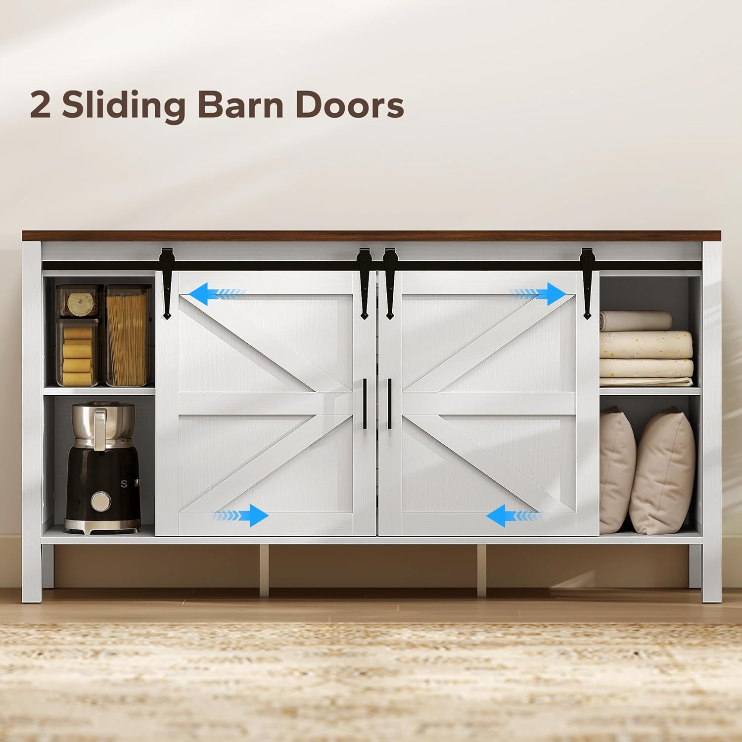 HOMCOM 59 Inch Farmhouse Sideboard Buffet Cabinet with Thick Top, Coffee Bar Cabinet with 2 Sliding Barn Doors, 4 Drawers and 2 Adjustable Shelves for Kitchen, Distressed White