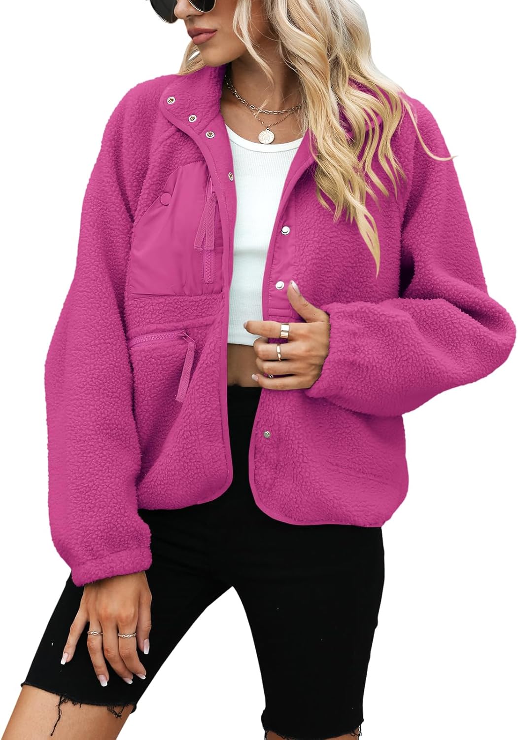 Yanekop Womens Fleece Jacket Fuzzy Long Sleeve Short Winter Coats Button Down Sherpa Jacket Outerwear with Pockets - Image 2