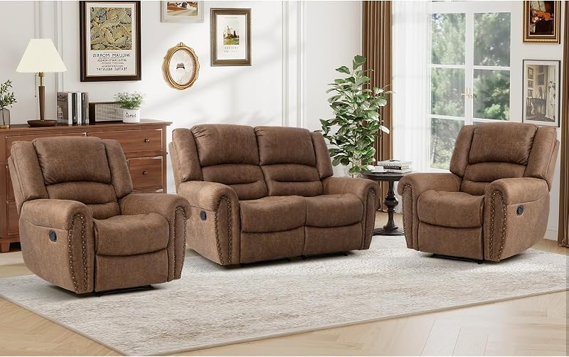 Faux Leather Manual Recliner Sofa Set, 2 Recliner Chair and a Loveseat Sofa for Living Room,Bedroom Furniture, Office, Nut Brown
