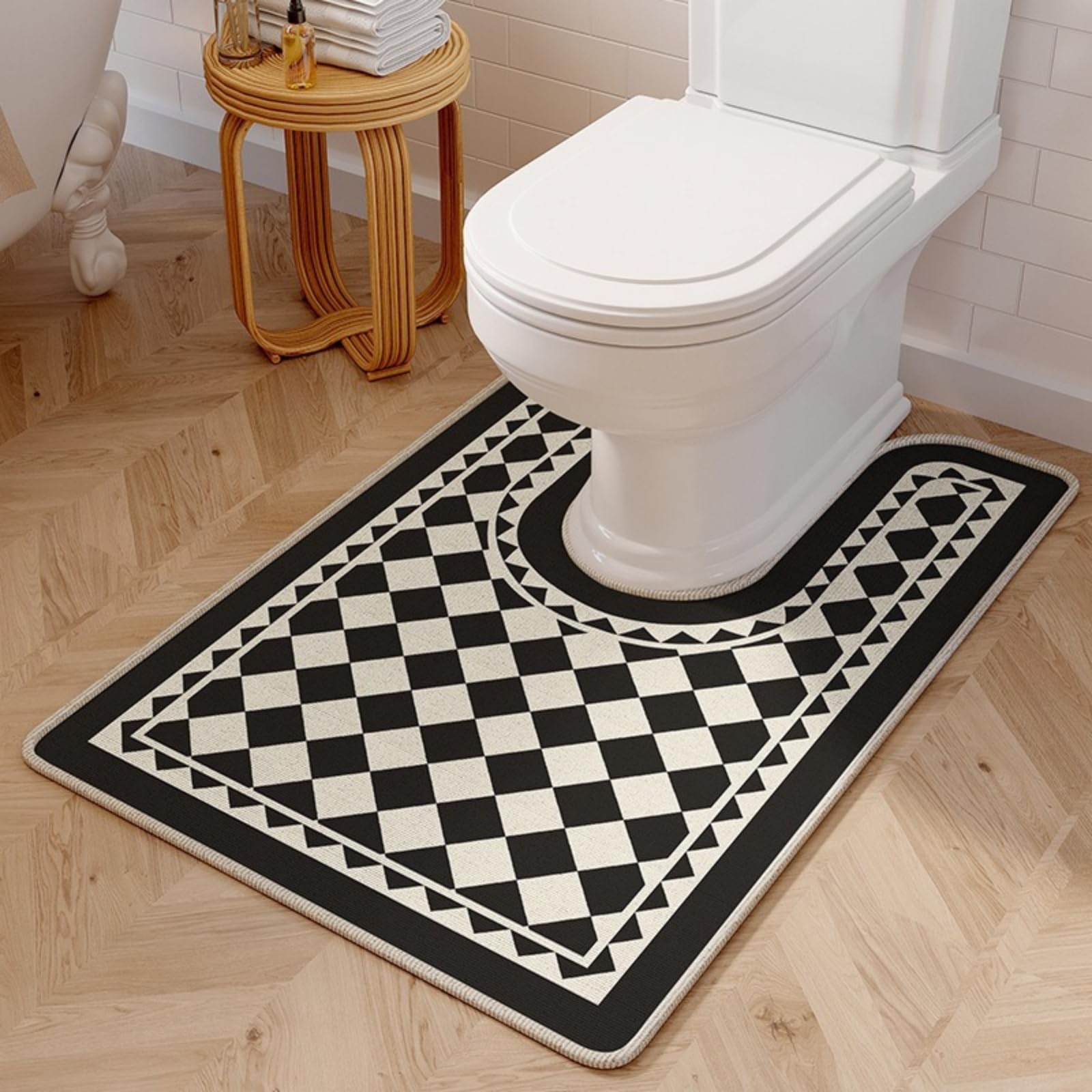 Treer Bath Mat Non Slip U Shape, Diatomite WC Toilet Pedestal Bath Mat Soft Absorbent Quick Dry for Bathroom Floor, Washable Easy to Clean for Toilets (Checkered,50 * 55cm)