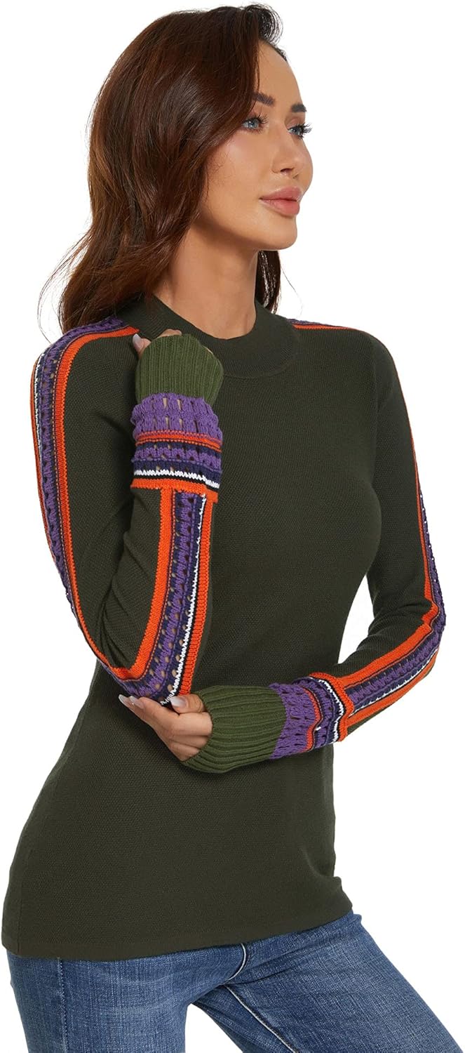 AmélieBoutik Women Mock Neck Fair Isle Trim Long Sleeve Pullover Knit Sweater - Image 3