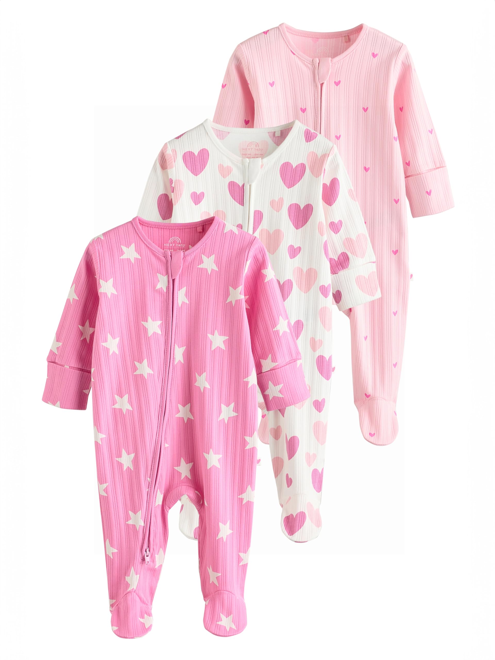 NEXT Bebés niña Pack de 3 Peleles Rosas con Estampado de Corazones 100% algodón para bebé (0 Meses - 2 años)