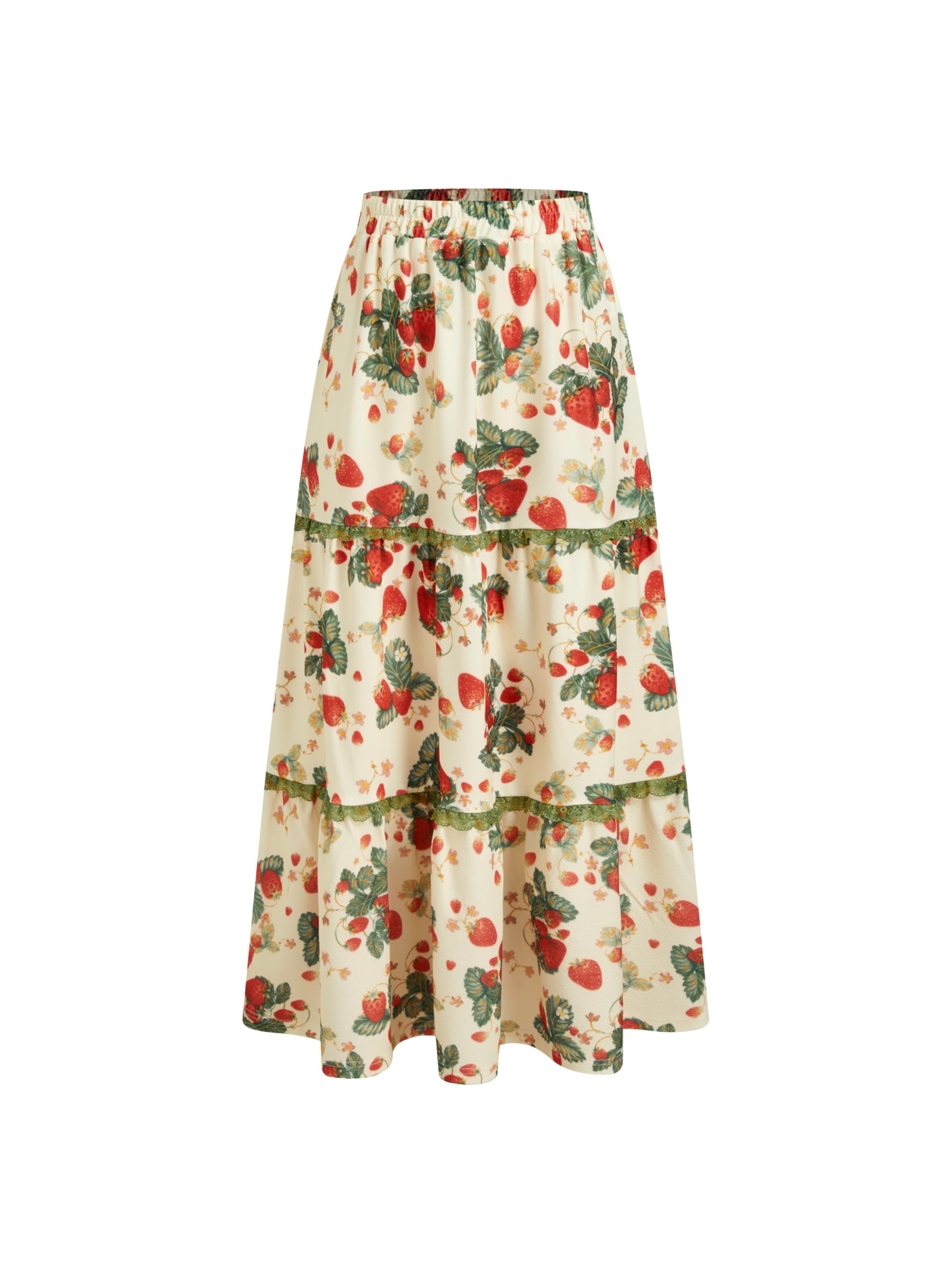 CIDER Skirts for Women Strawberry Pattern Tiered Maxi Skirt Flowy A Line Mid Waist Long Skirt