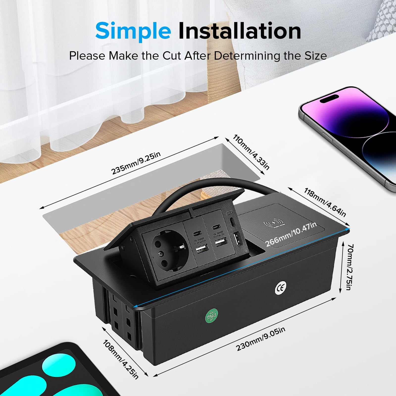 Multipresa da Incasso a Scomparsa, 1AC, 3USB A & USB C, PD20W, Wireless 15W