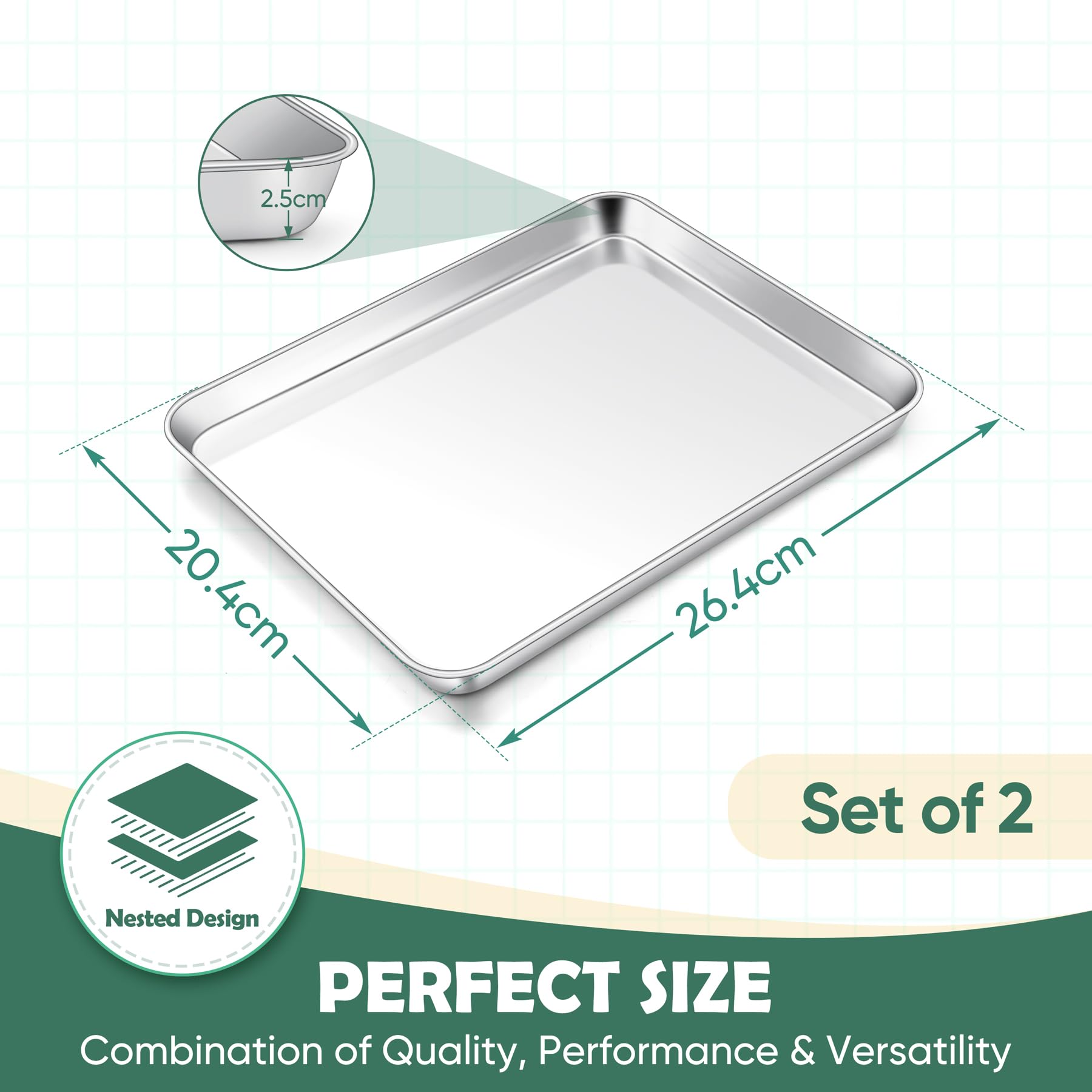 Small Baking Tray Set of 2, Homikit Stainless Steel Cookie Sheet Pans for Oven Baking Roasting Serving 26.4x20.4x2.5cm - Image 2