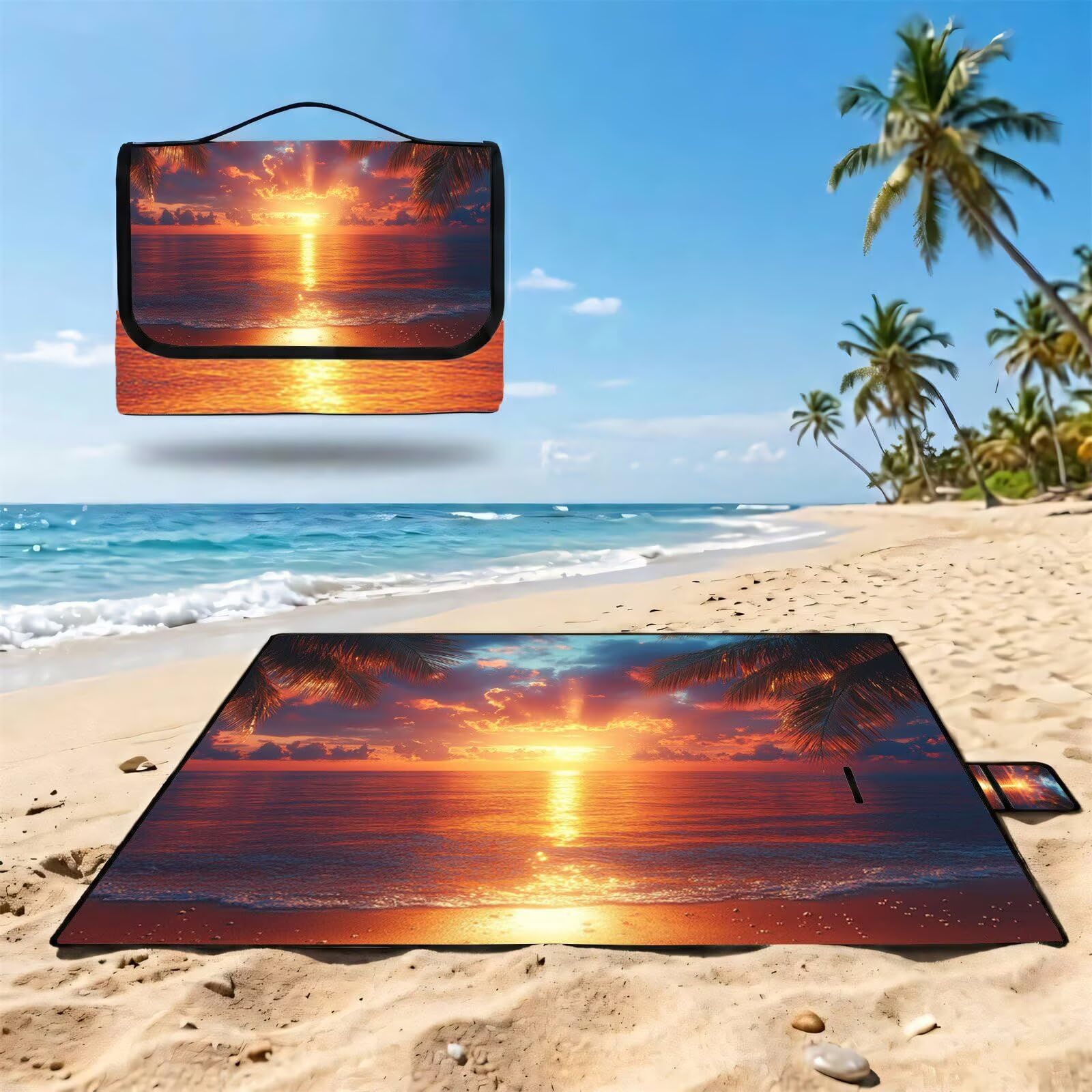 Grande Manta Picnic 200x300cm,Puesta de Sol Manta Picnic Impermeable,Paisaje (4) Esterilla de Playa Alfombra de Exterior,Picnic Blanket Plegable con Asa para Camping,Jardín,Césped,Playa FZ-88