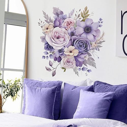Miniatura 2 de sacinora - Calcomanías de pared de flores de margaritas y rosas moradas, calcomanías de pared de arte floral romántico en acuarela extraíble, vinilo