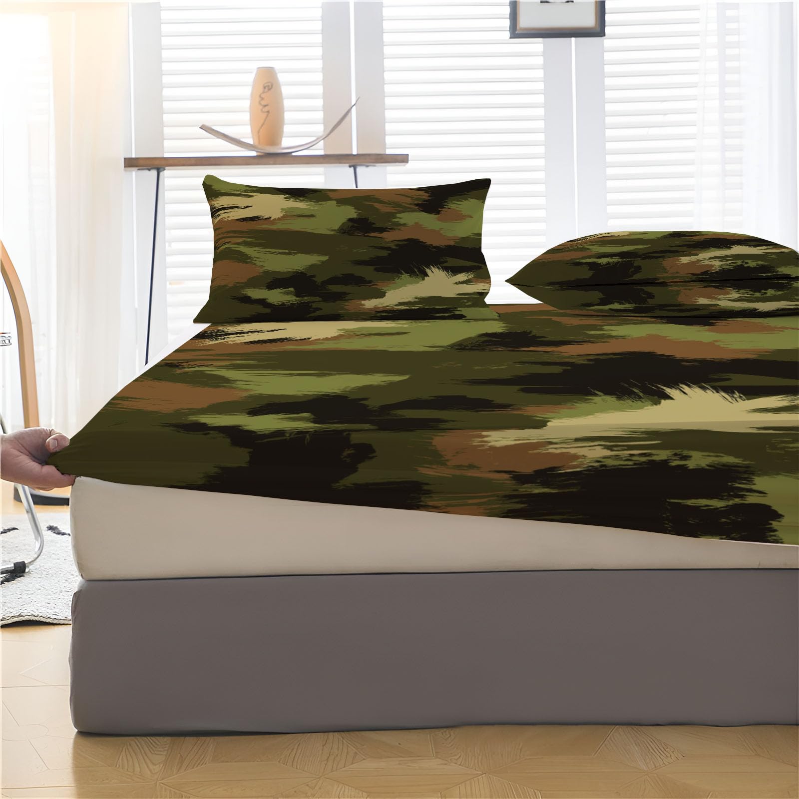 Sábanas 200X190/200Cm - Juego De Sábanas 3 Piezas Estampadas Grafiti De Camuflaje - Microfibra Suave Transpirable - Sábana Bajera Ajustable - Ropa De Cama Pintura Al Óleo Abstracta (Verde Militar)