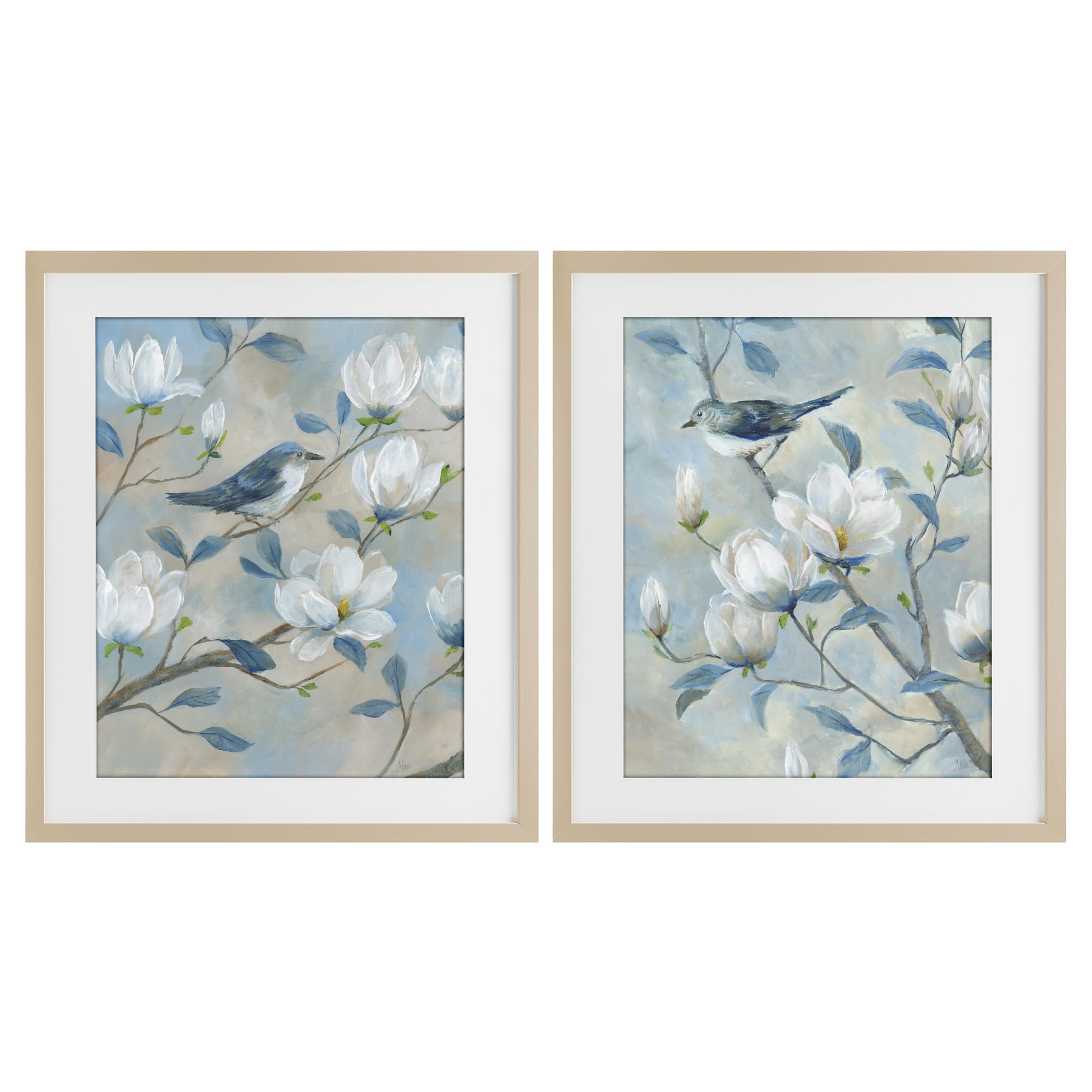 Stupell Industries Bluebirds In Magnolia Blossoms 'Blue Birds In Magnolia Tree'| 2Pc Framed Print Under Glass Set