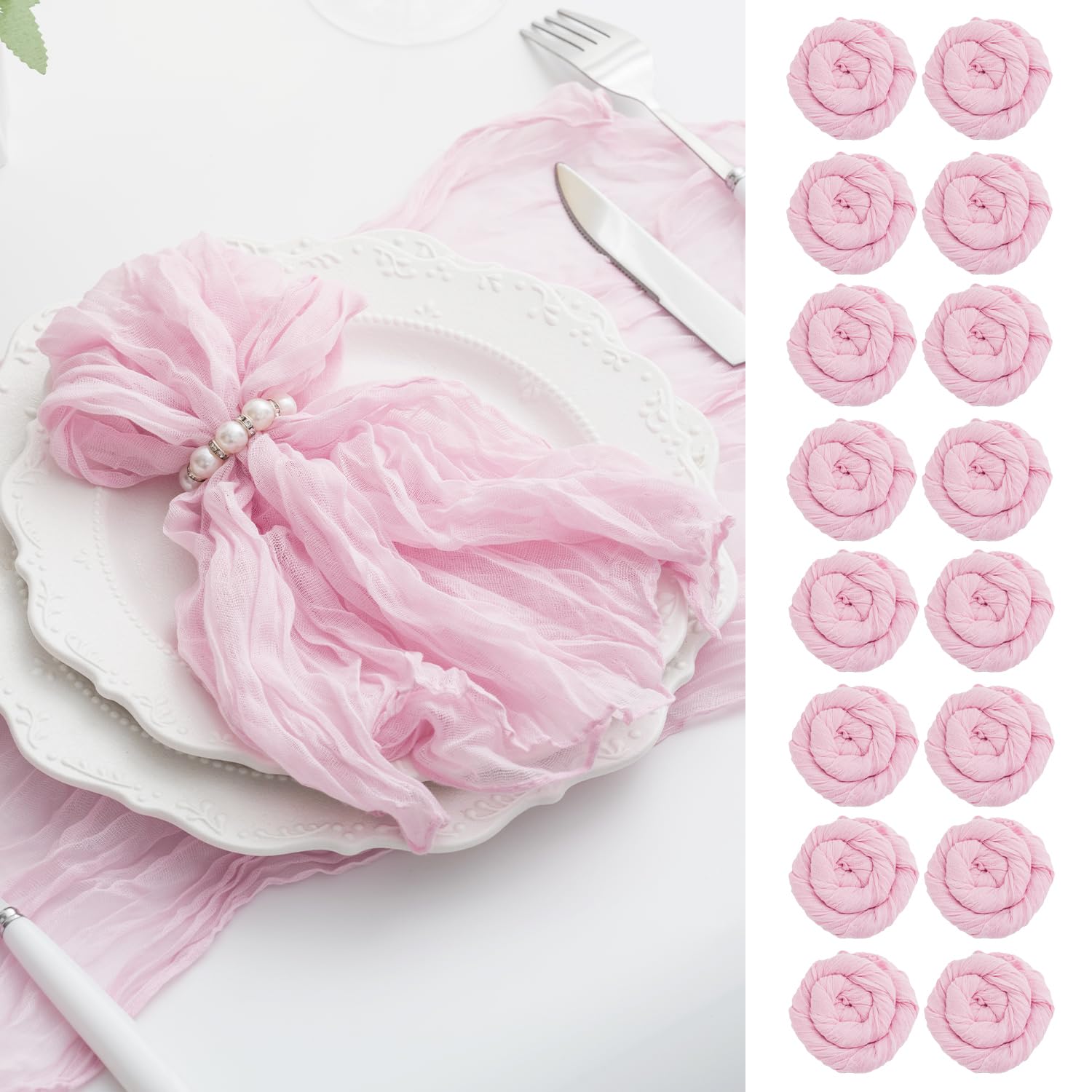 Photo 1 of 100 Pack Light Pink Cloth Napkins 21x21 Inches Light Pink Cheesecloth Napkins Set of 100 Washable Dinner Table Napkins for Wedding Summer Bridal Baby Shower Rustic Boho Cotton Gauze Party Table Decor