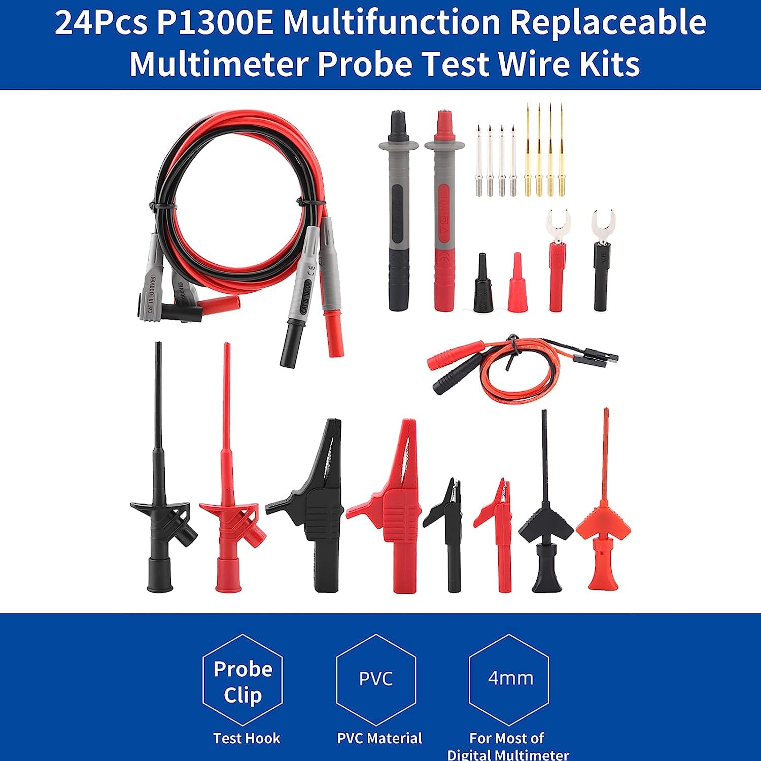 LVSELINGI Kit puntali for multimetro P1300 con Clip a Coccodrillo Mini Clip a Gancio for Test Grabber Sonde perforanti for Cavi elettrici Cheerfully (Color : P1300B