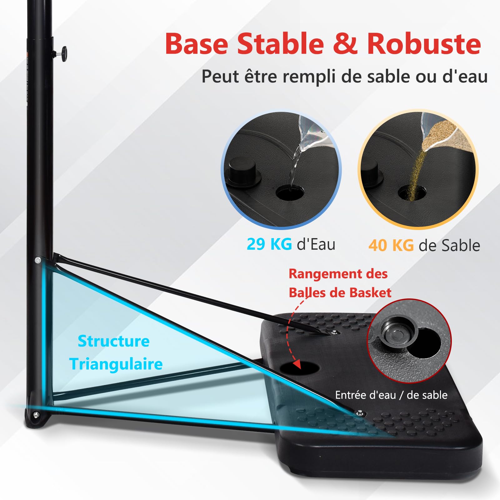 GYMAX Panier Basket Exterieur pour Enfants Adultes, Hauteur Réglable 220-305cm, Mobile avec Roues, Base Remplissage d'eau ou Sable, Structure Stable Triangulaire