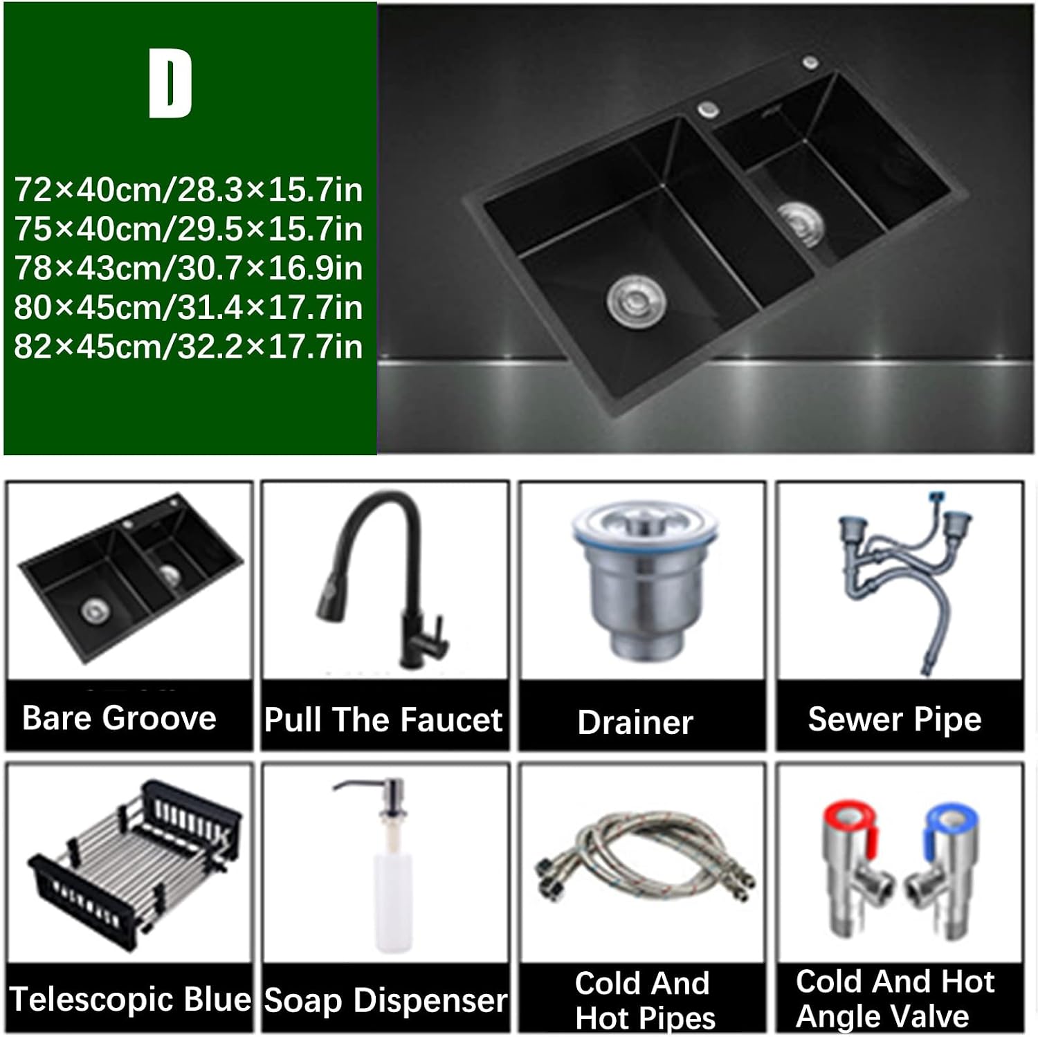 Black Double Bowl Stainless Steel Kitchen Sink,8.6 Inch Deep,Drop in Kitchen Sink,with Accessories,Easy to Clean, for Kitchen, Laundry Room,Balcony, Shop (Color : D, Size : 75x40x2