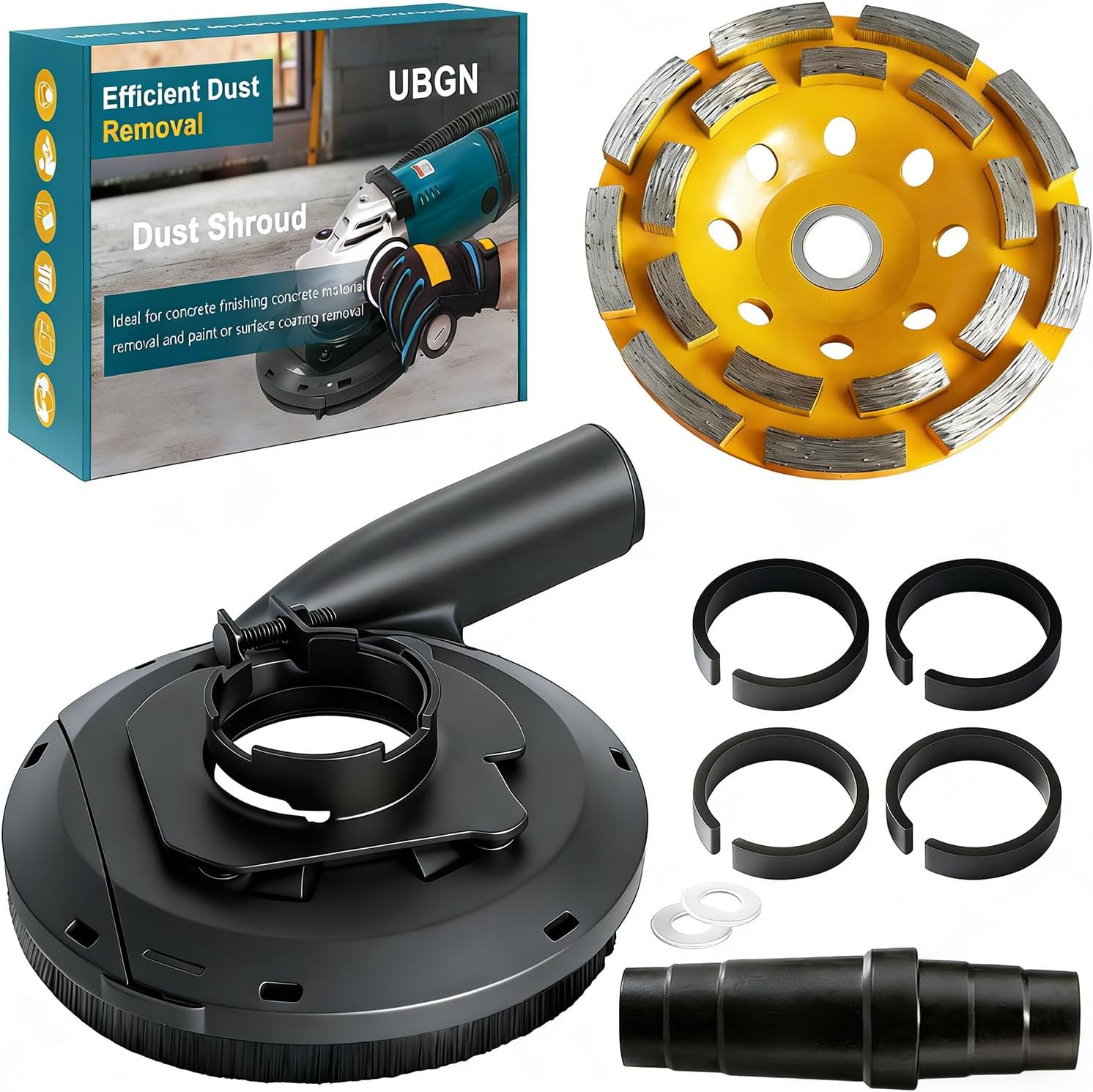 Angle Grinder Dust Shroud 4.5"/5" + Diamond Concrete Grinding Wheel 4.5", Fits Most Grinders, Multi-Size Hose Adapter & 4 Sizing Rings