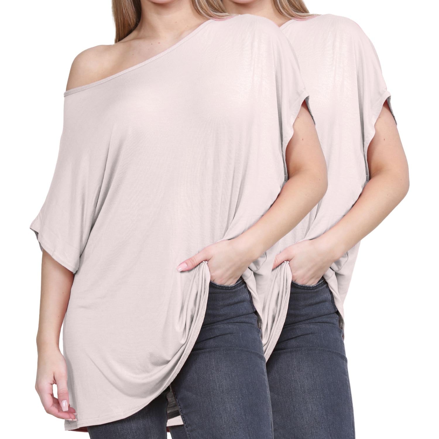 Lot de 2 hauts à épaules dénudées pour femme, t-shirts surdimensionnés à manches courtes chauve-souris pour femmes, hauts décontractés à épaules dénudées, vêtements de fête, t-shirts