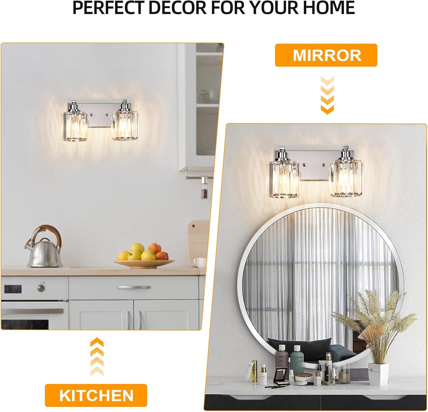 2 Lights Crystal Bathroom Vanity Light Modern Chrome Bathroom Light Fixture Bathroom Lighting Fixtures Over Mirror for Mirror E26 Base