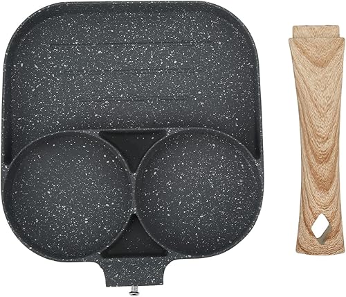 Fdit Sartén para huevos fritos, sartén de huevos con tapa antiadherente de 3 secciones divididas para panqueques, sartén de aleación de aluminio