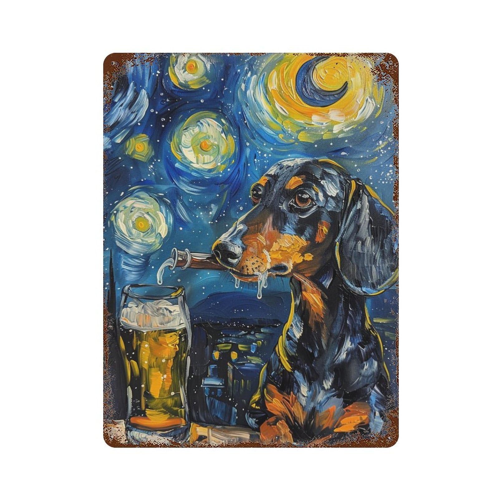 Starry Night Dachshund with Beer Decorative Tin Sign 15.7"x11.8", Old School Wall Decor for Garage, Pub Or Kitchen