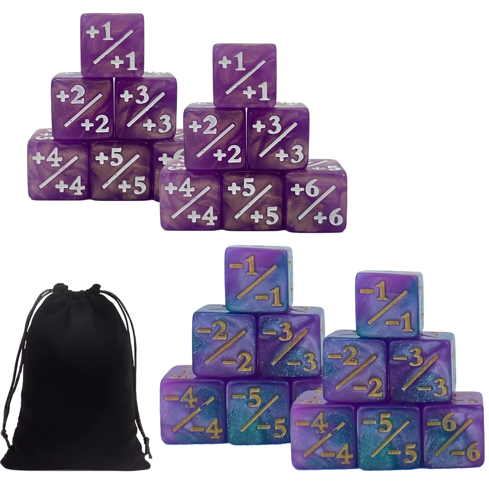 Juhuifu 24 Pcs Magic Life Counter Dice, ±1/±6 Counters, Six-Sided Dice, Compatible with Commander Deck CCG MTG TCG