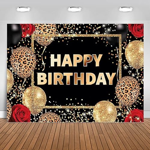 Miniatura 6 de Telón de fondo de feliz cumpleaños con estampado de leopardo negro y dorado, globos de guepardo, rosa roja, decoraciones de cumpleaños para mujeres