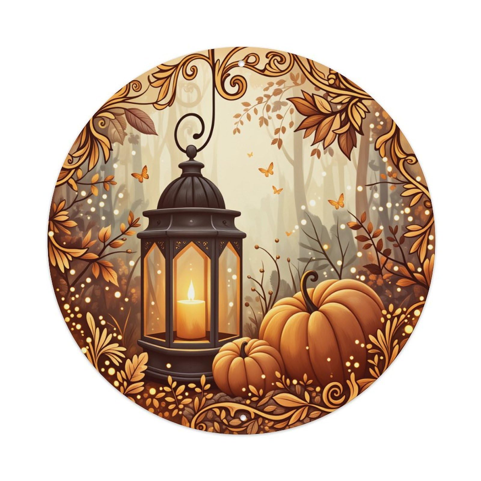 Autumn Lantern Pumpkin Leaves Forest Round Tin Sign Vintage Metal Poster Retro Bar, Home, Man Cave, Kitchen, Laundry Room Wall Art Decor Gift 8x8Inch