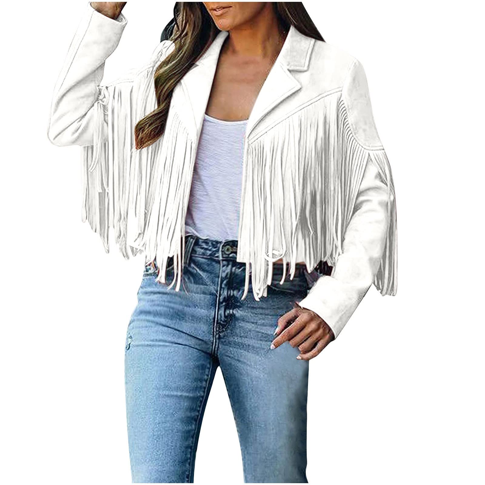 TRIGLIKOLEUM Women's Faux Suede Leather Jacket with Tassels Crop Fringe Cardigan Coat Leisure Long Sleeve Transition Jacket Short Fringe Jacket Motorcycle Jacket Biker Jacket Outdoor Jacket Fringe