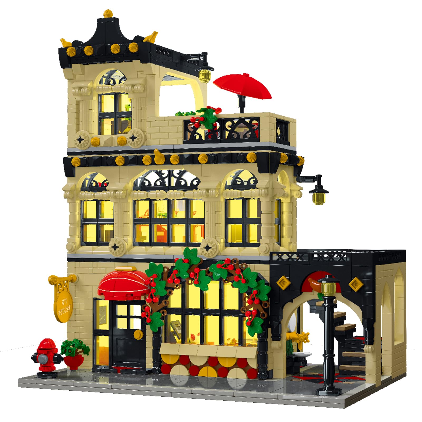 City Restaurant Architecture Building Kit with LED Lights, 3 Levels Restaurant Building Blocks 1489 Pcs City Street View Building Toys Modular House Building Blocks Set for Adult Teen Kids 14+