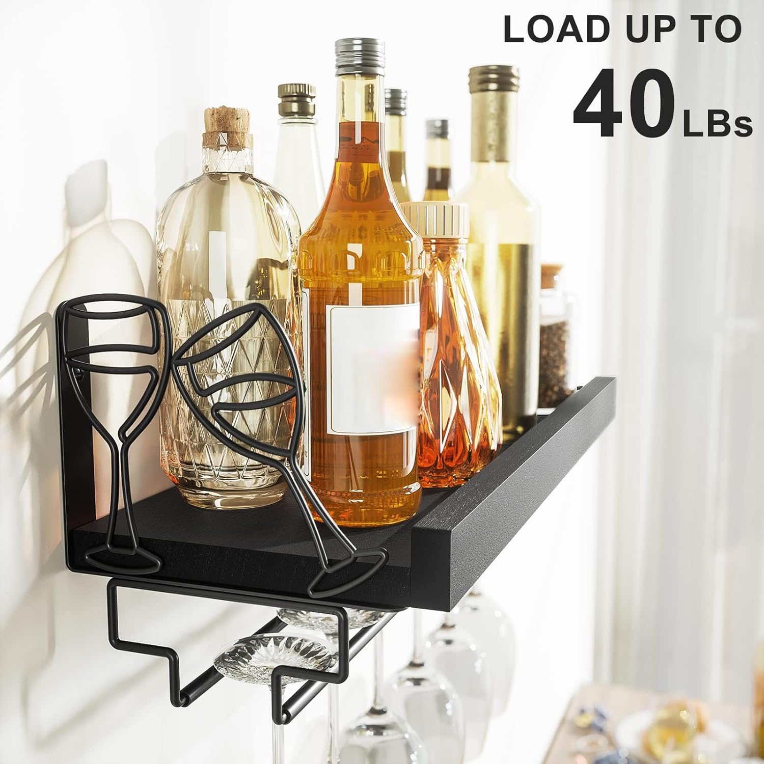 Love-KANKEI Wine Rack with Stemware Hanger, 17inch Wine Glass Rack, Floating Shelf Wall Mounted, Wood Wall Shelf for Kitchen, Dinning Room, Home Bar, Living Room etc, Pitch Black