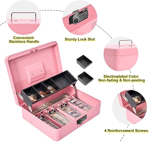 Miniatura 6 de Caja de efectivo con cerradura de combinación, caja de dinero de metal con bandeja para efectivo, caja fuerte con cerradura, 4 ranuras para