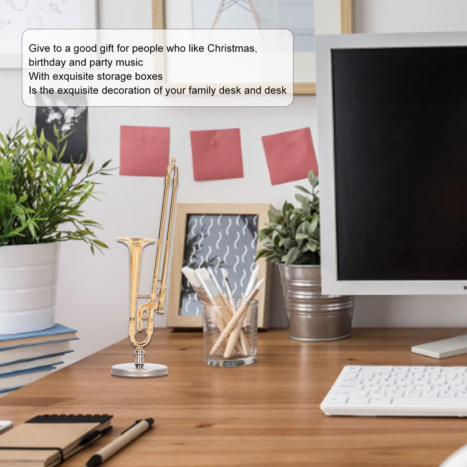 Miniature Trombone with Stand and Case, Gold Plated Brass Trombone Model Mini Musical Instrument Home Ornament